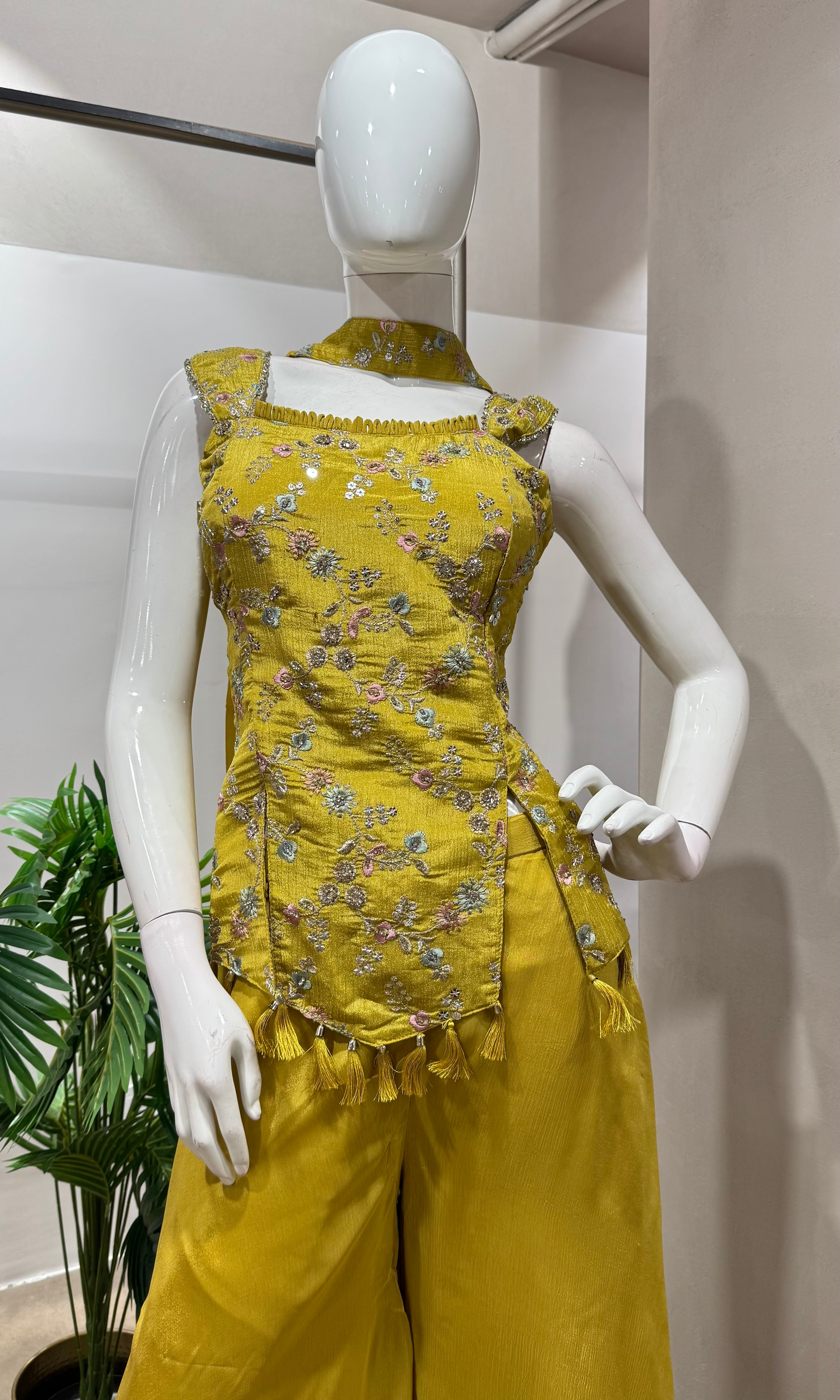 Mustard embroidered peplum palazzo set