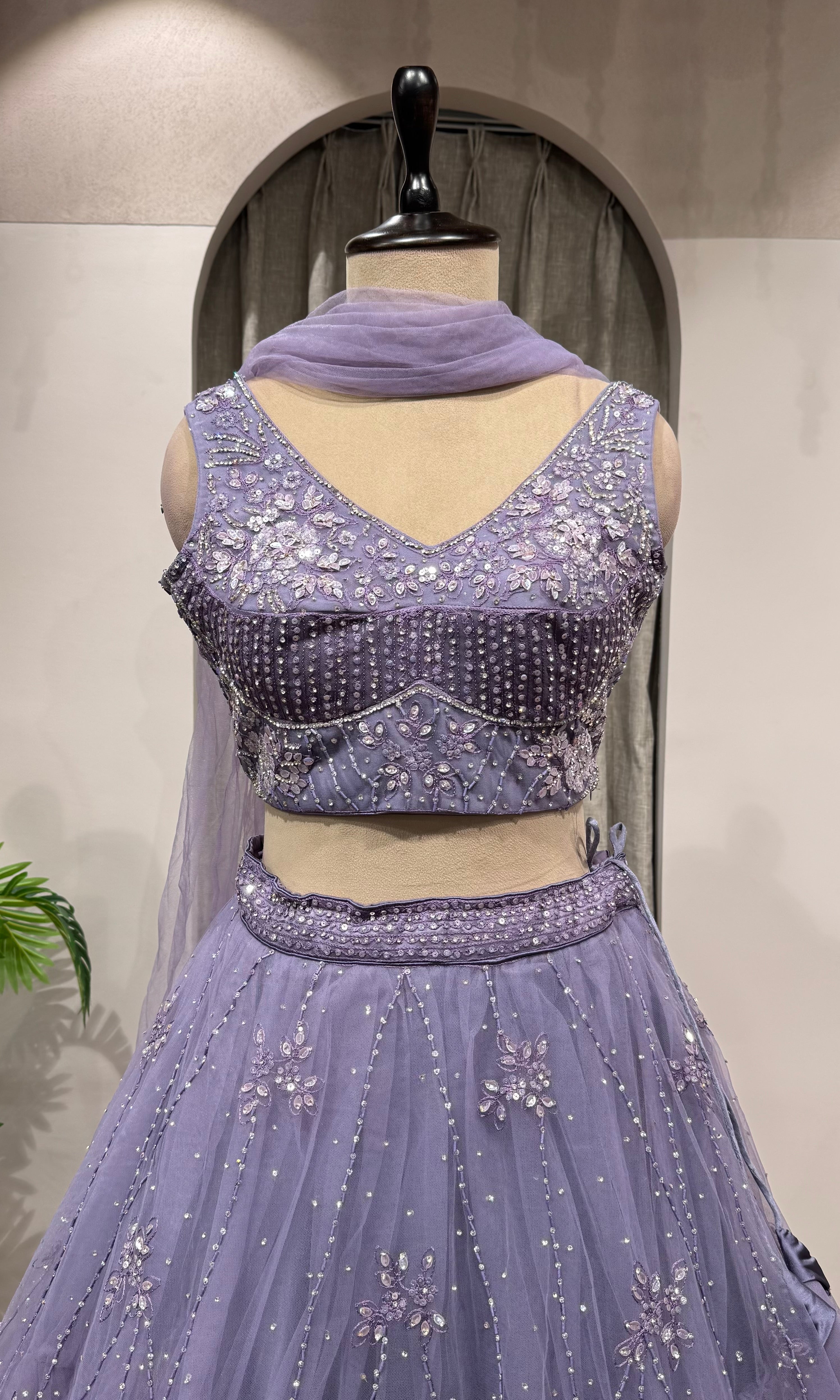 PURPLE FLORAL EMBROIDERED NETTED CROP TOP LEHENGA