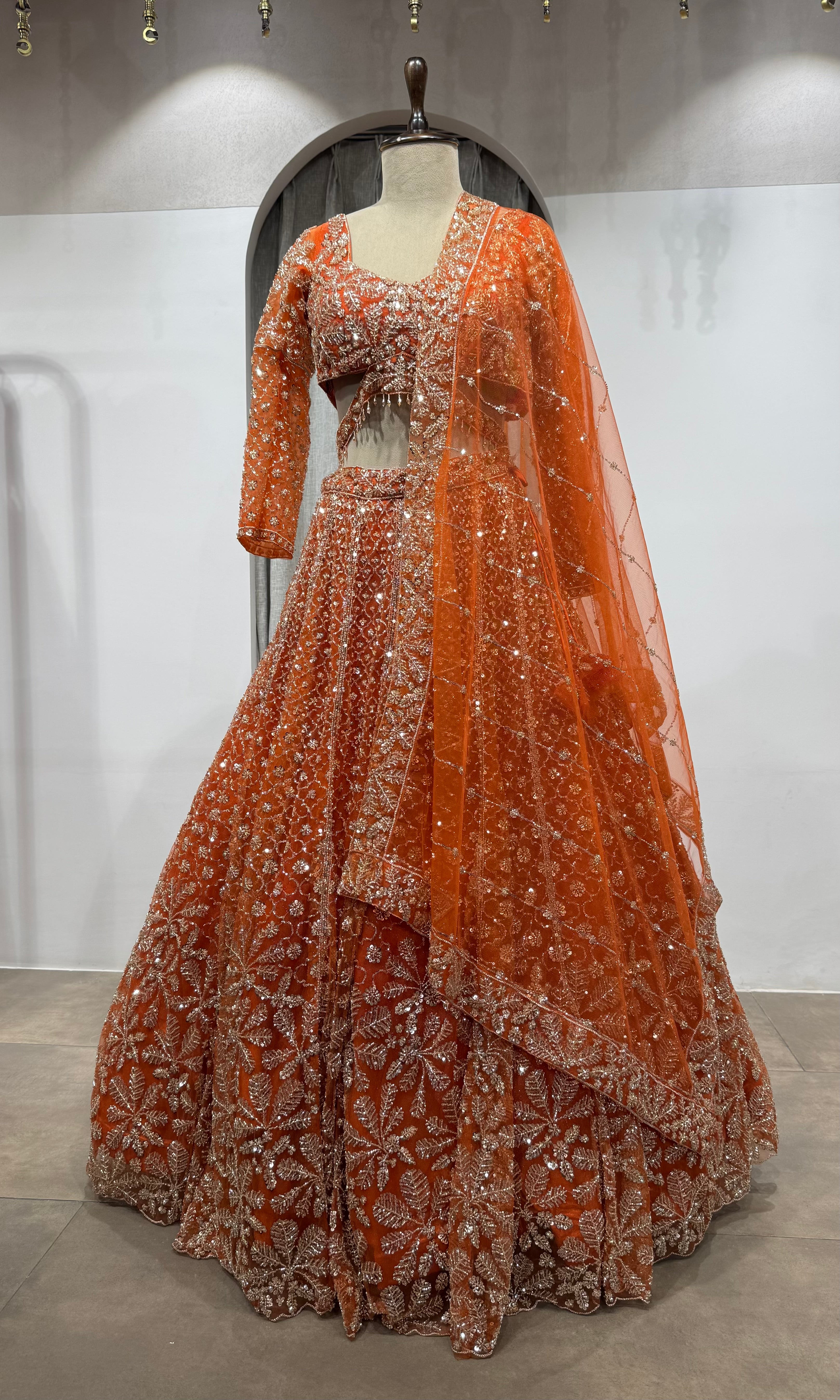 Orange Sequin Embroidered Bridal Lehenga Set