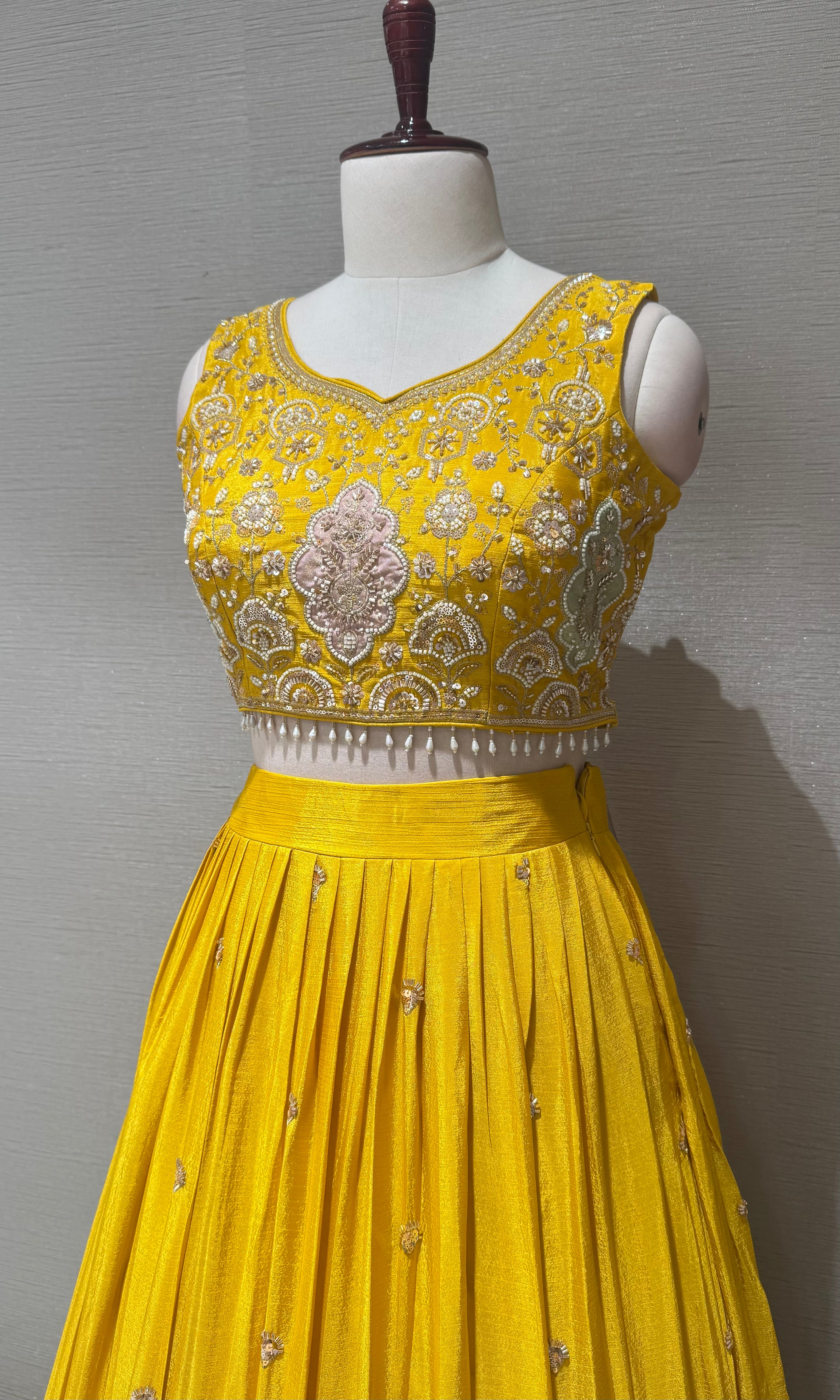 Yellow Tissue silk Lehenga with Multi Floral border