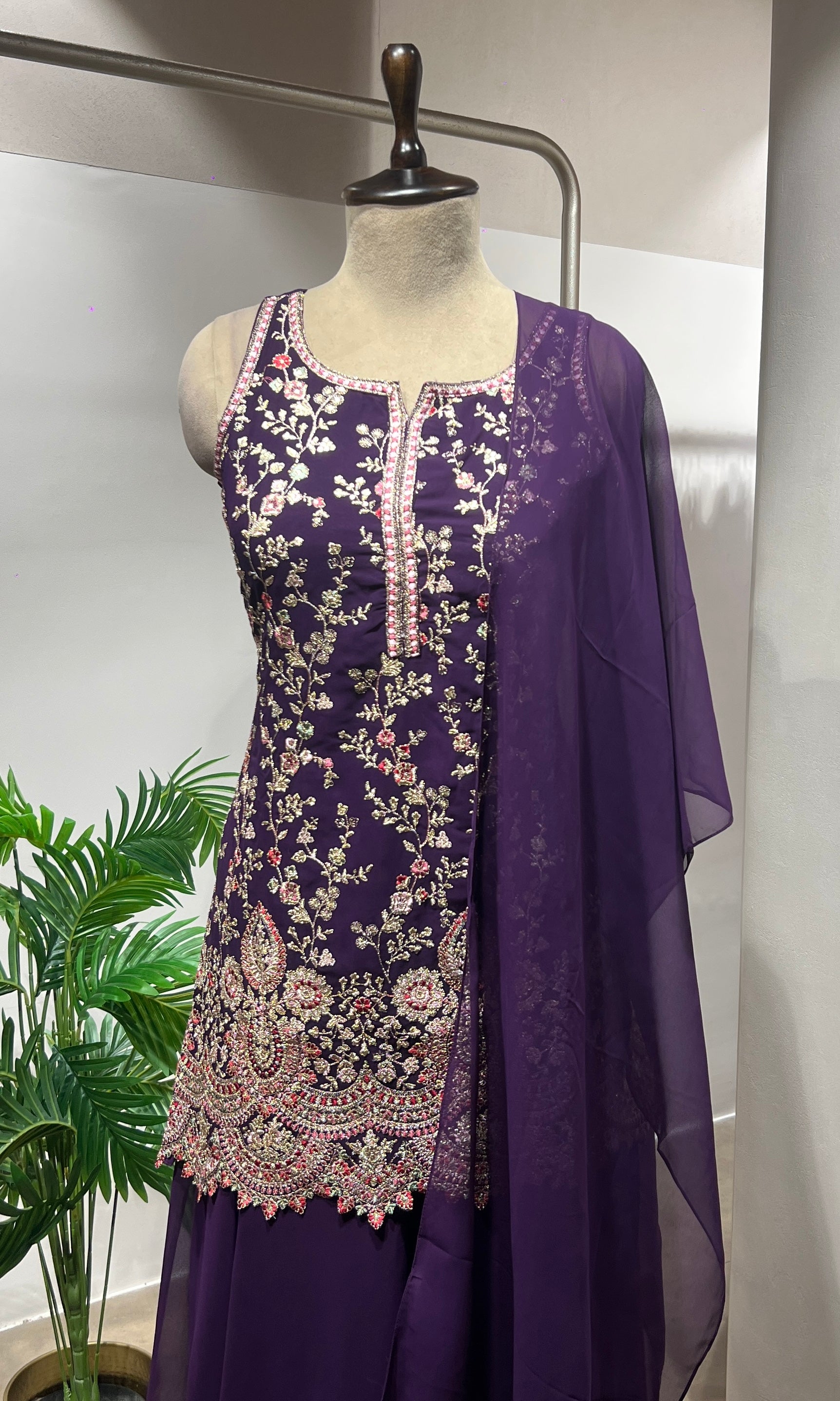 Wine Sequin & Zari Embroidered Sharara Suit