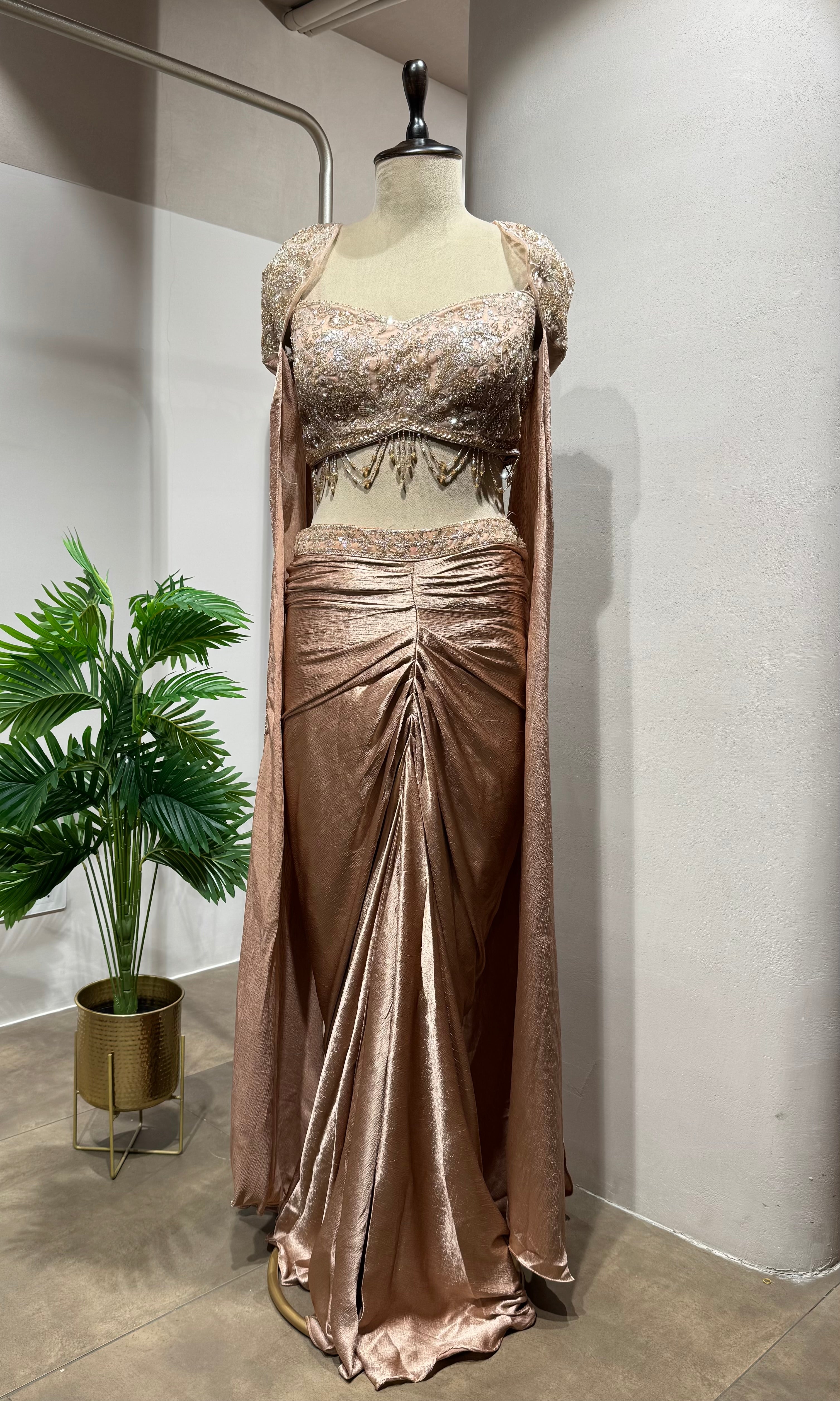 peach Gold skirt with Crystal Embroidered Blouse & Cape