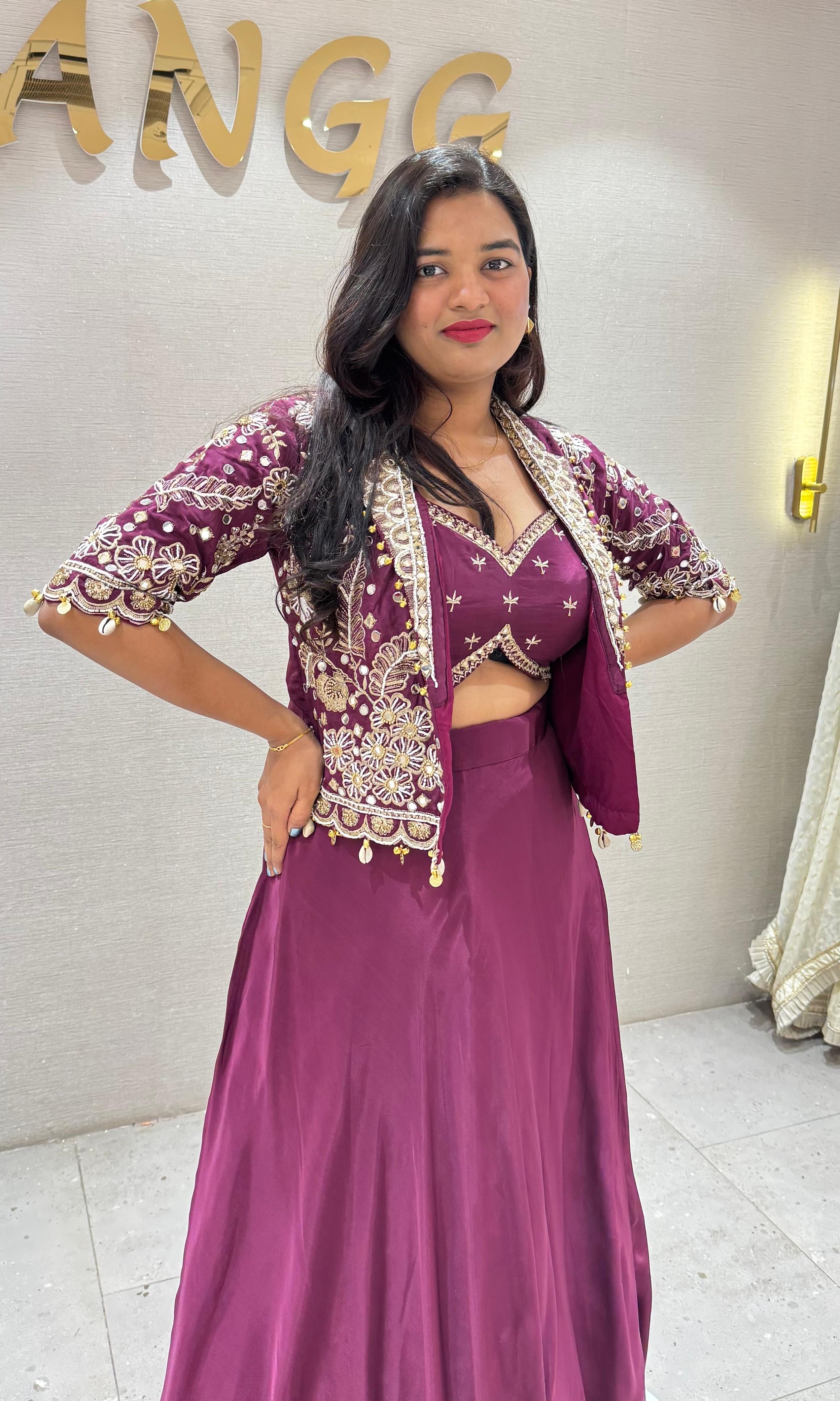 Wine Lehenga with Embellished Crop Jacket