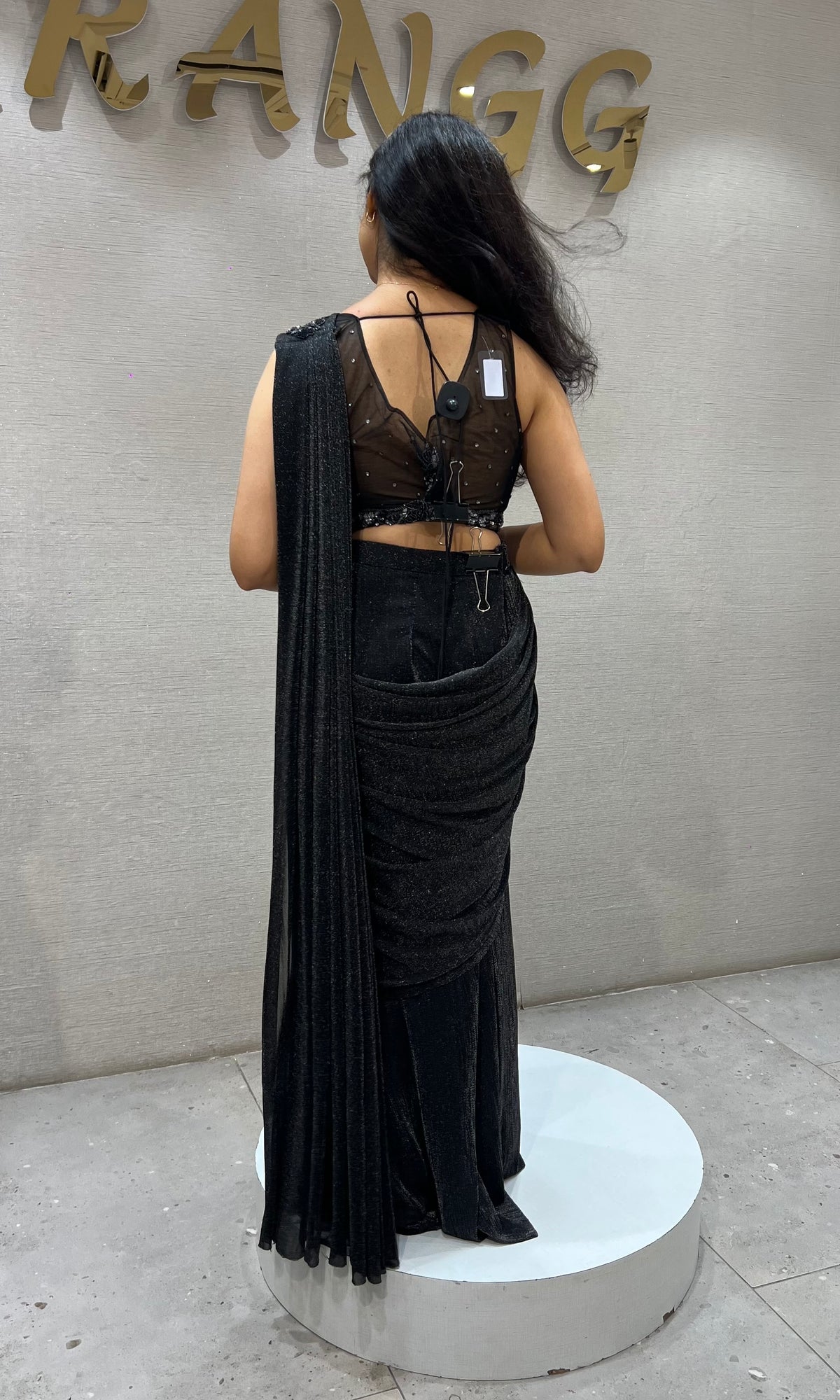 Black Shimmer Georgette Drape Saree with Velvet Blouse