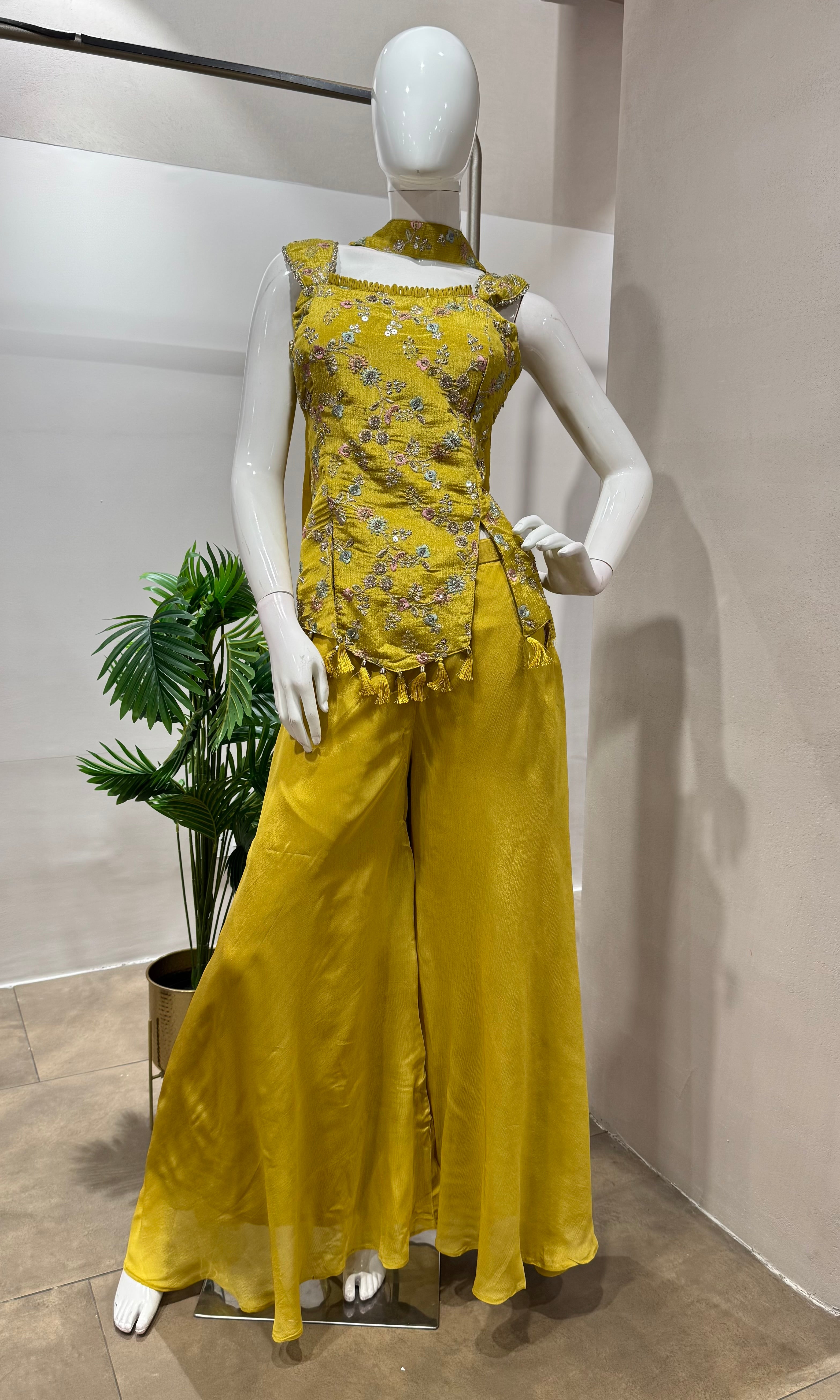 Mustard embroidered peplum palazzo set