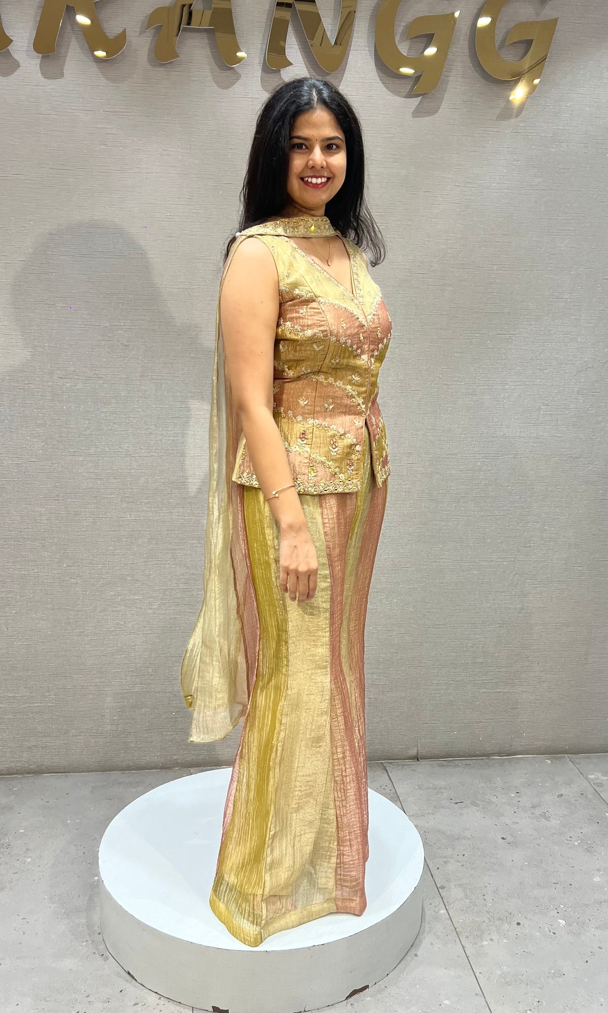 Gold and Pink tissue silk Embroidered Palazzo Set & dupatta