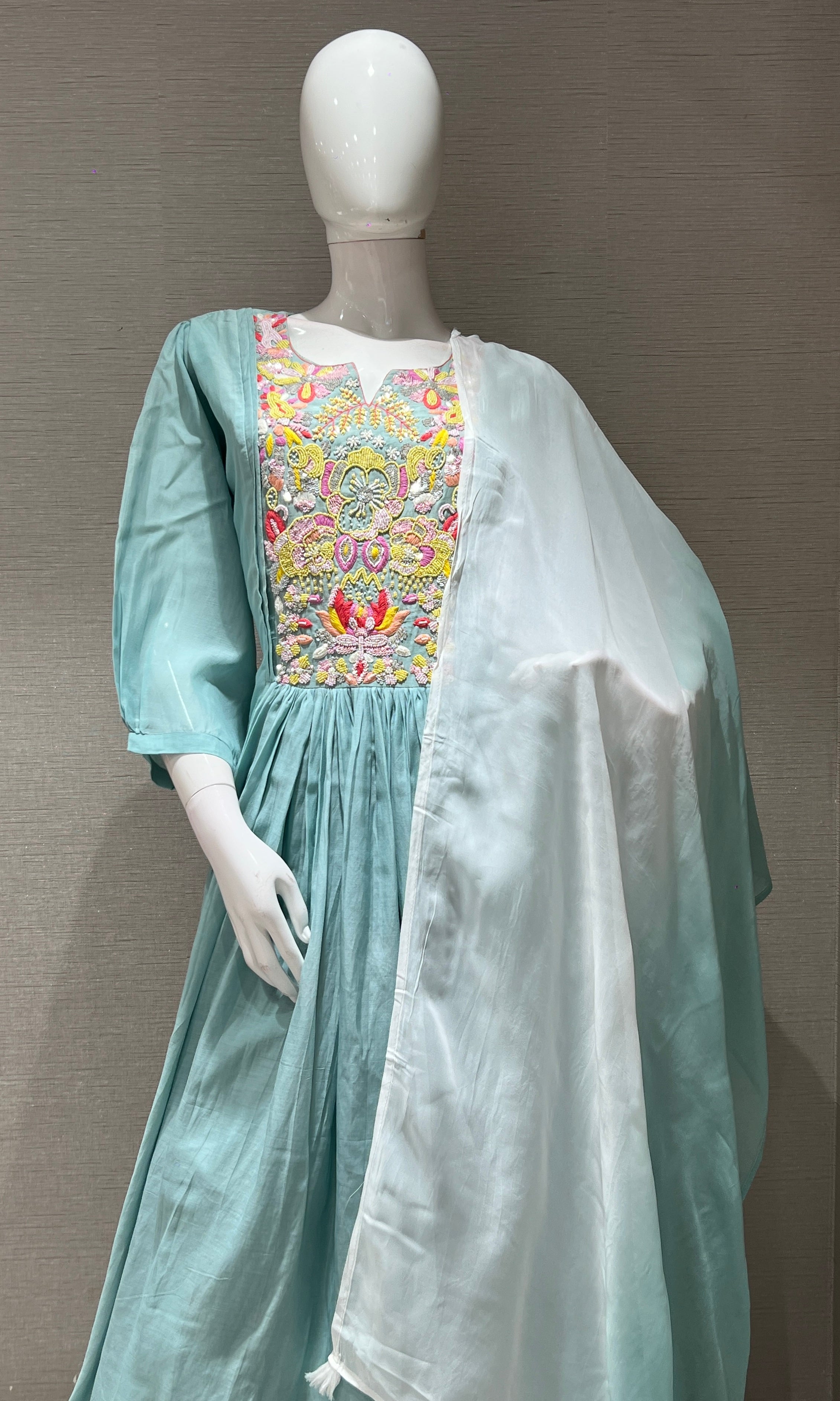 sea blue floral work mul chanderi kurta set