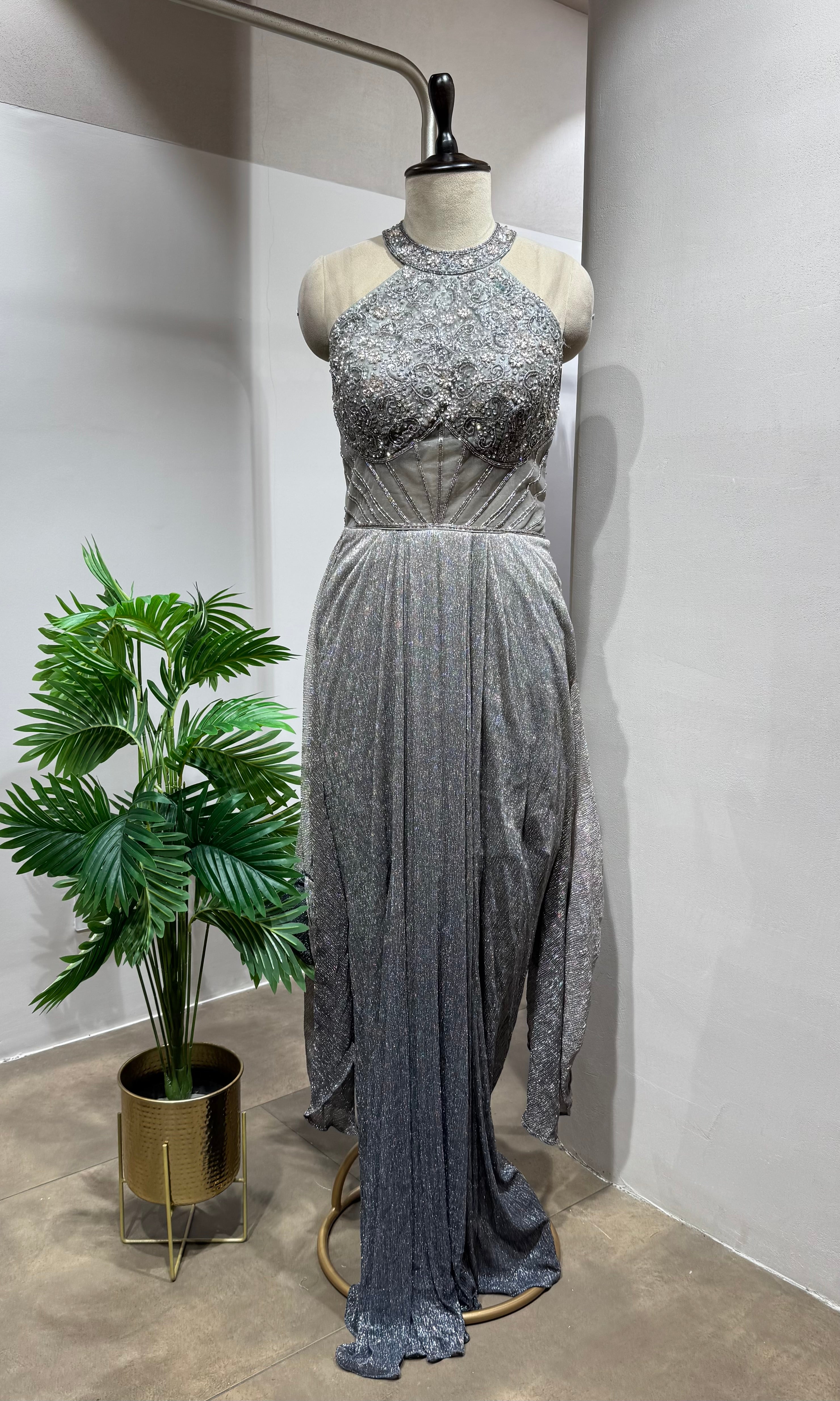 Grey Metallic Shimmer Halter Gown