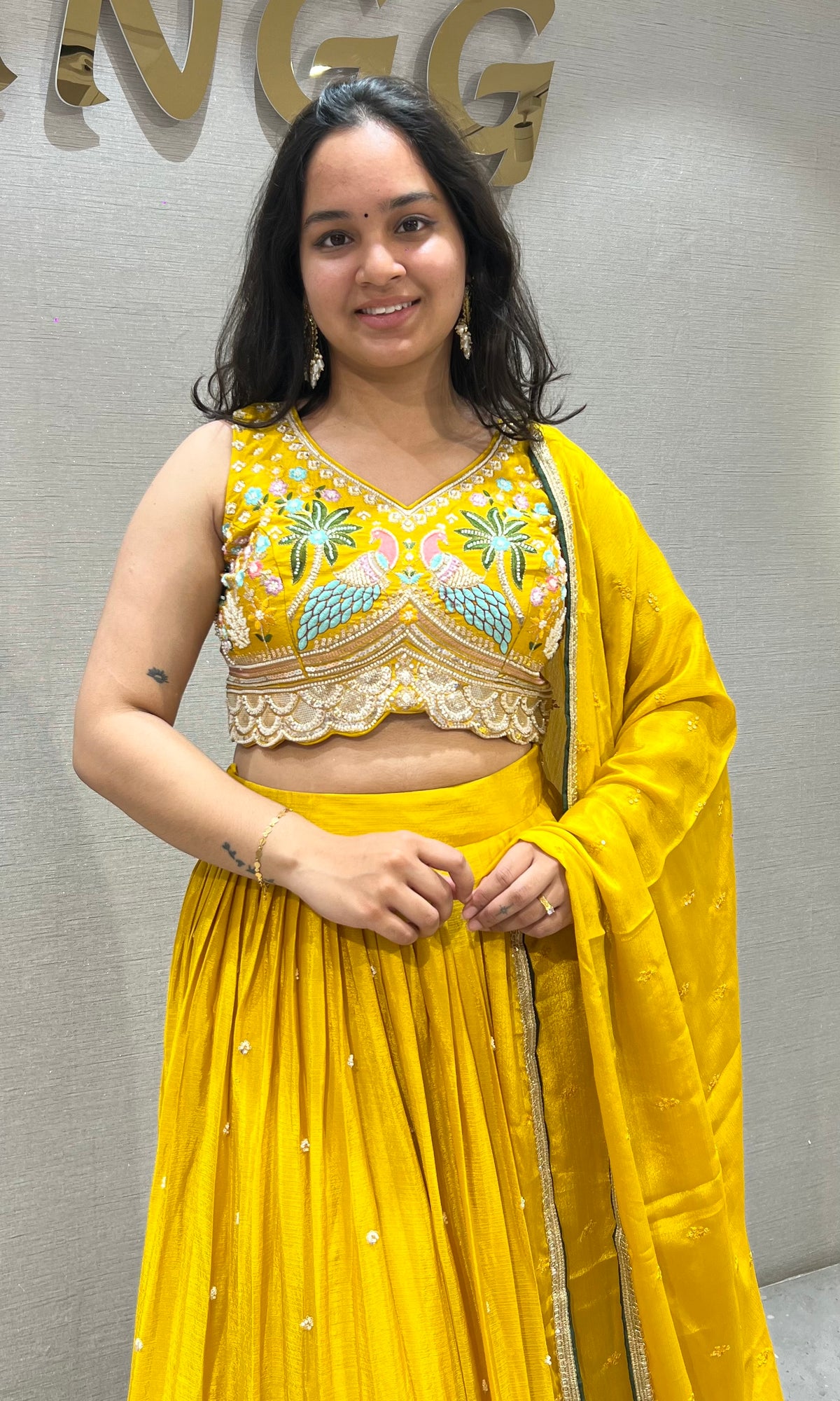 Yellow Tissue silk Lehenga with Peacock & Floral Embroidery