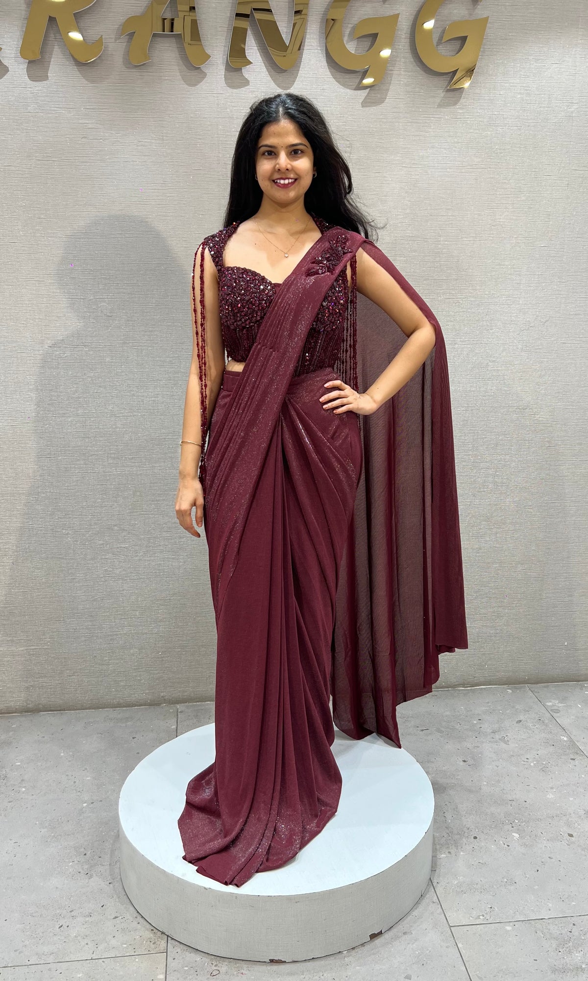 Wine Drape Saree with Embellished Blouse