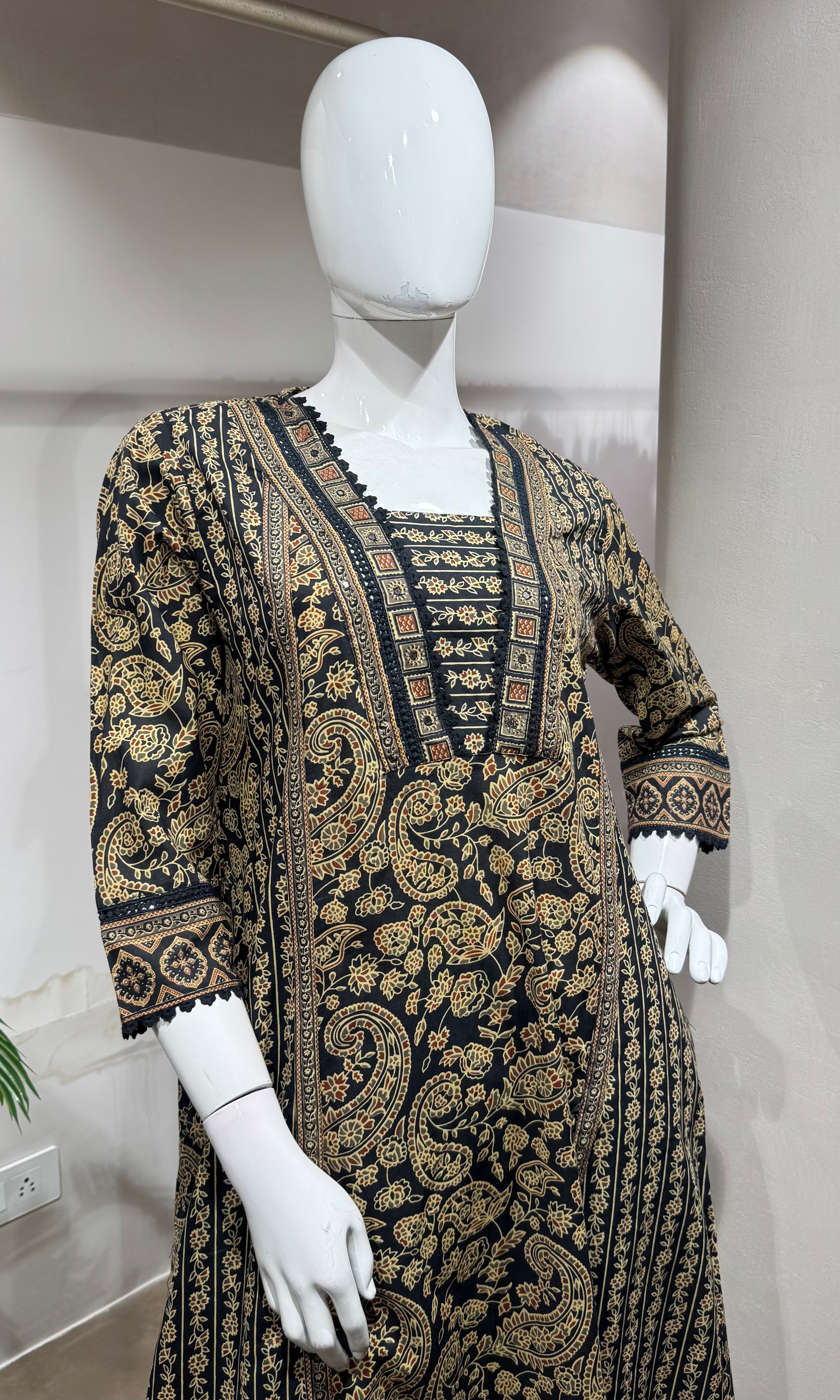 Black golden printed embroidered kurta set