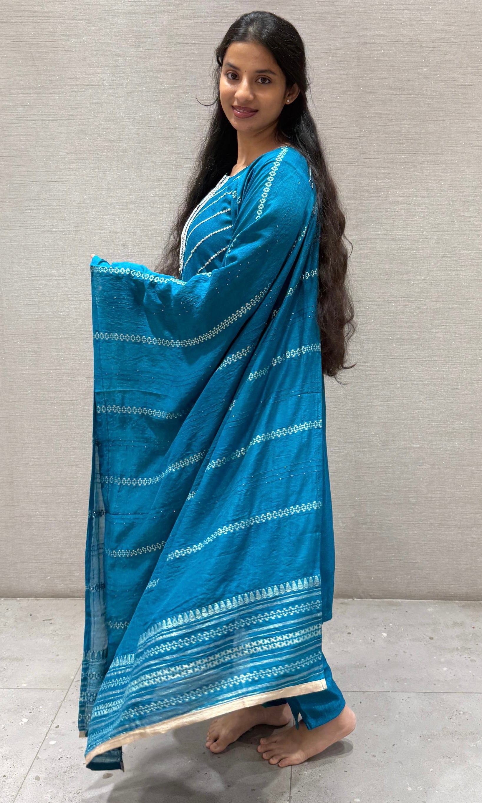 Rama blue Leheriya Kurta Set