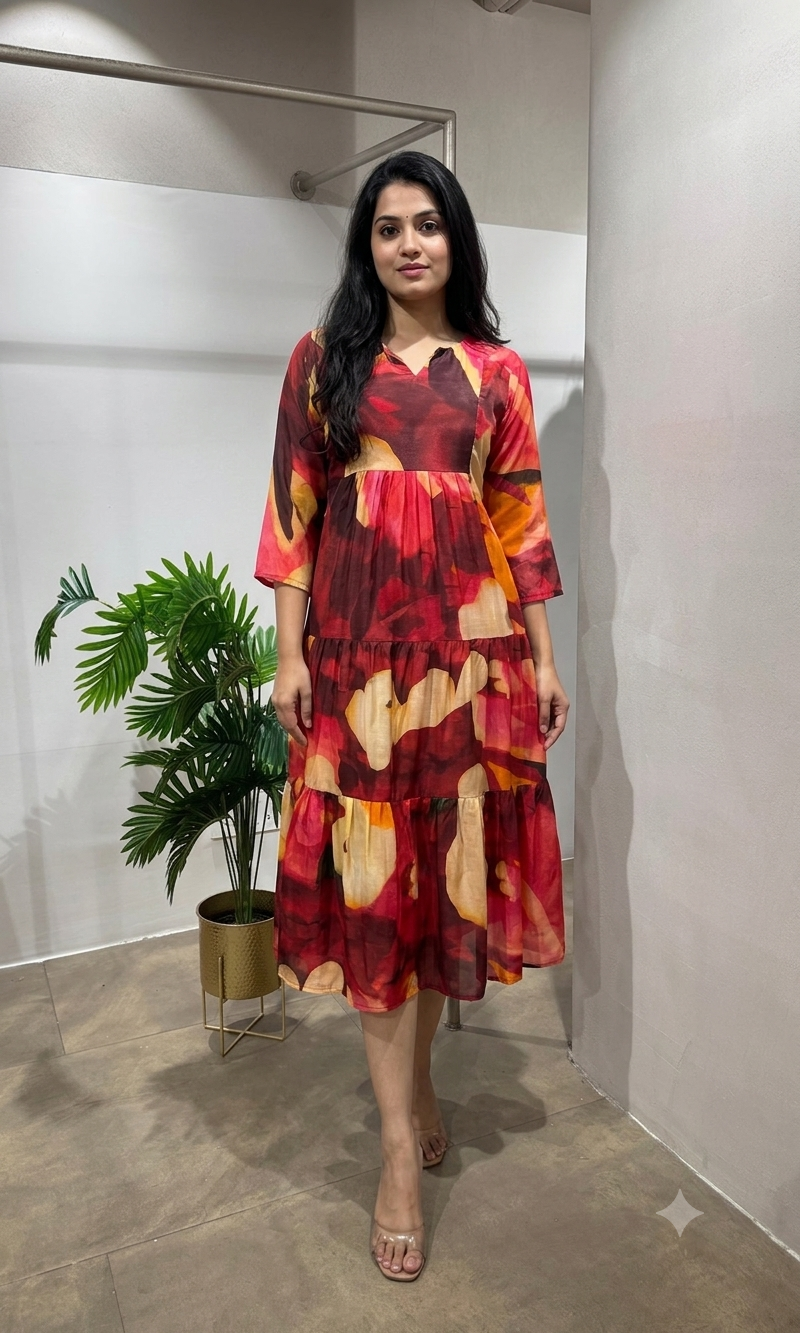 MAROON multicolor printed DRESS