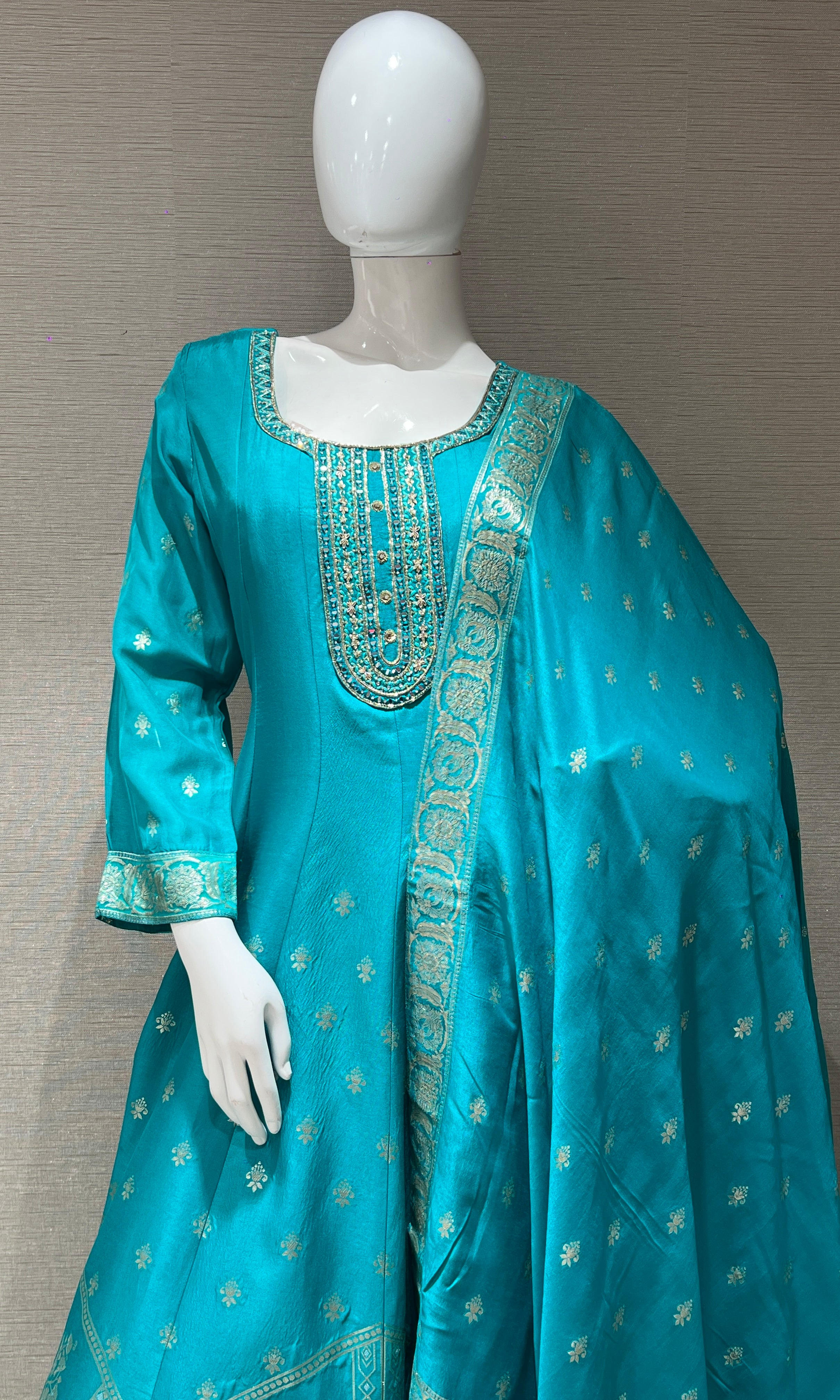 Blue long anarkali with gold embroidered