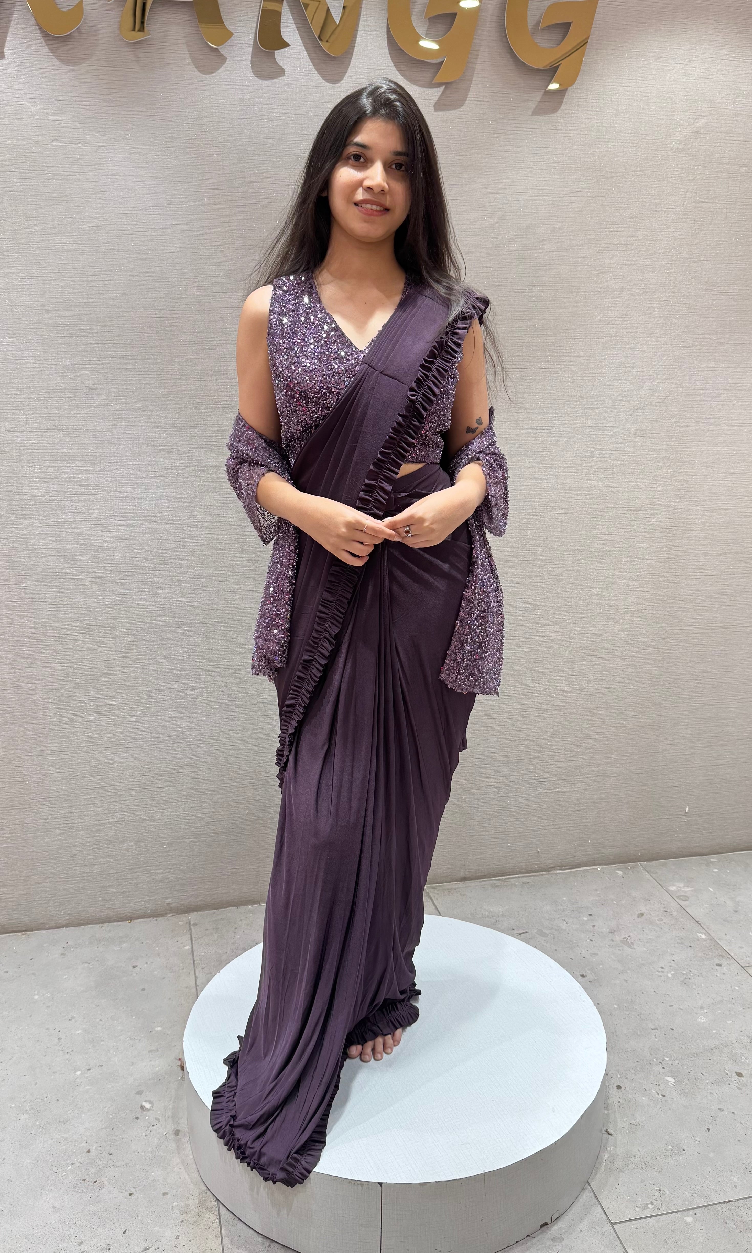 Wine Drape Saree with Embroidered Jacket