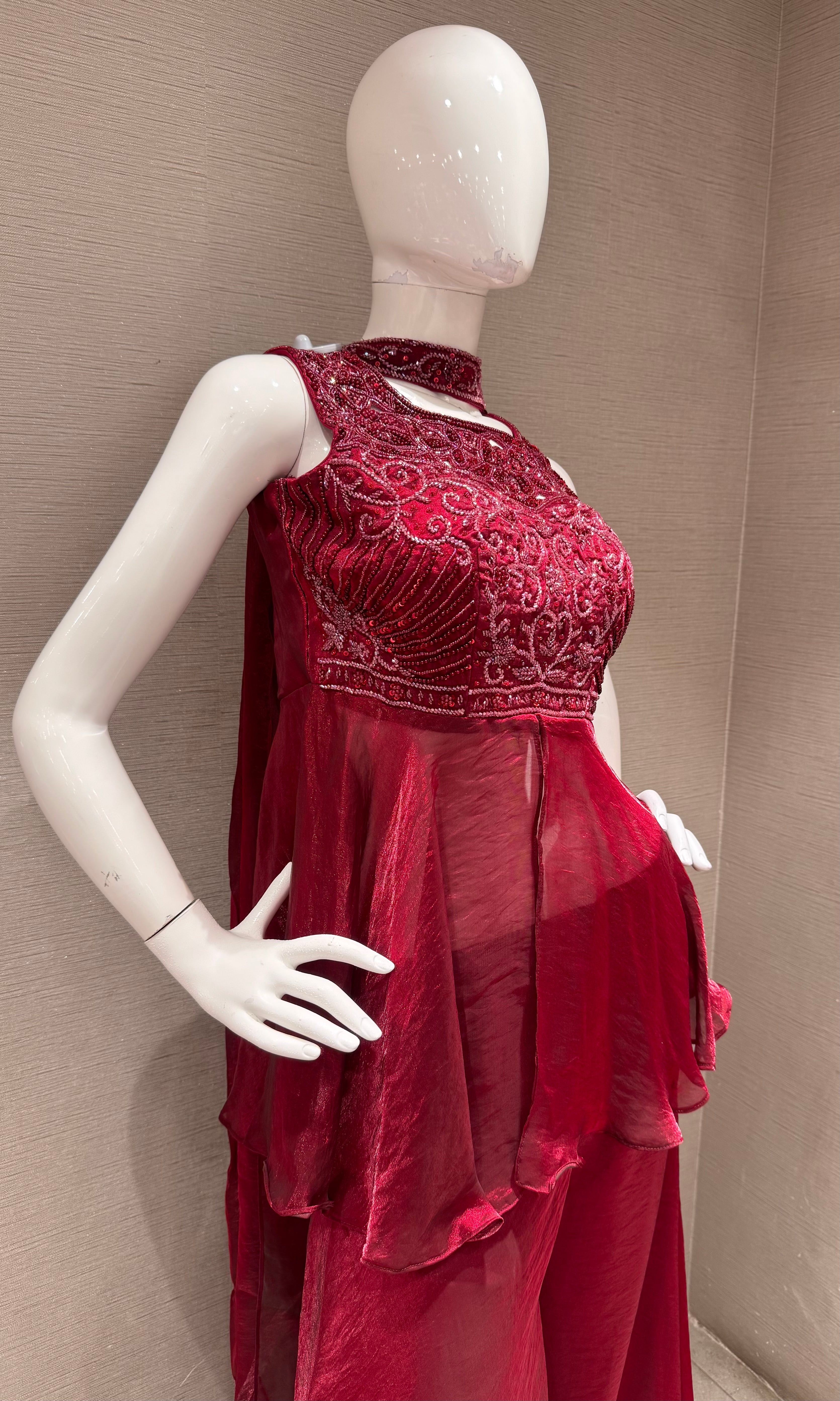 Maroon Embellished Peplum Palazzo Set