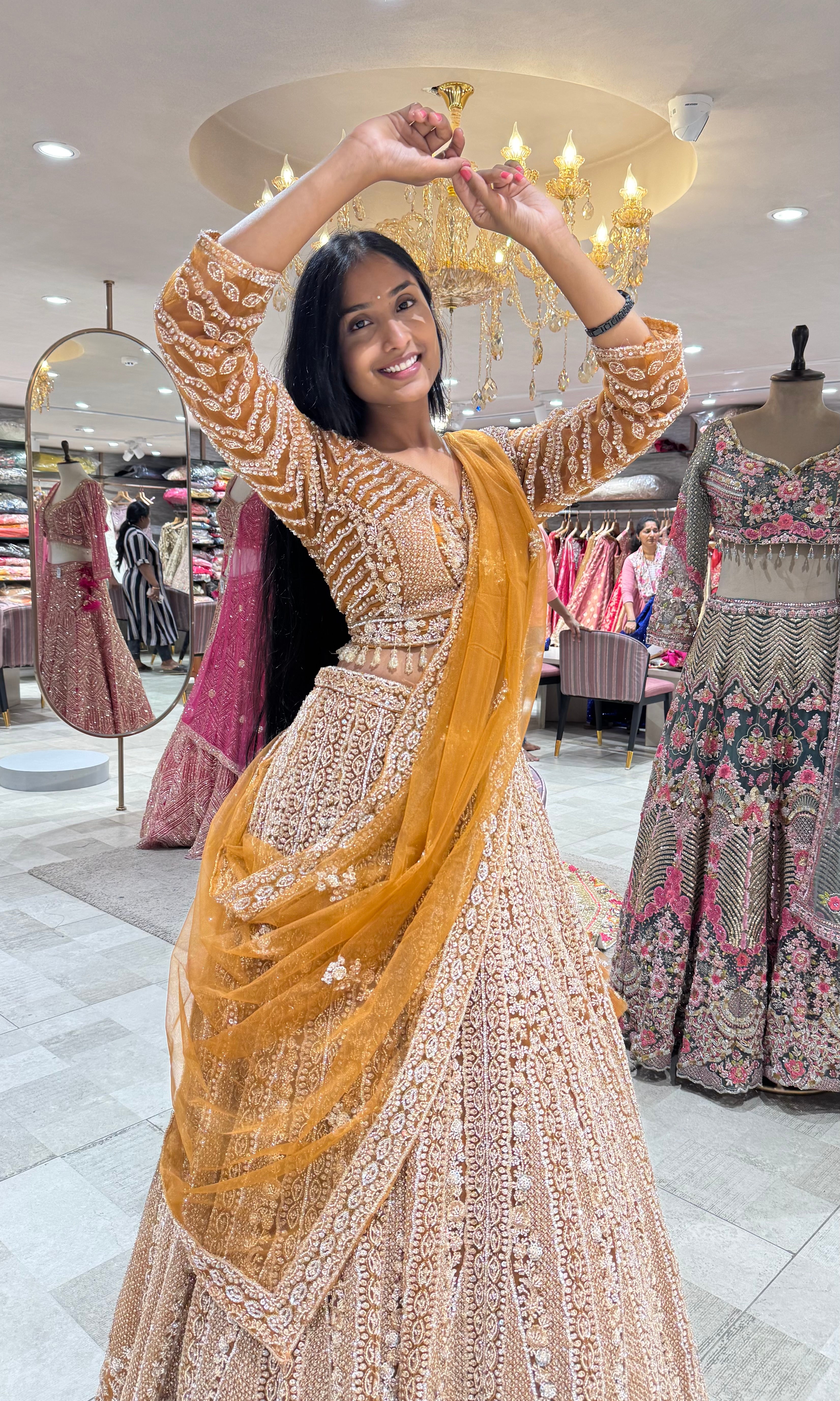 BROWN golden EMBROIDERED lehenga