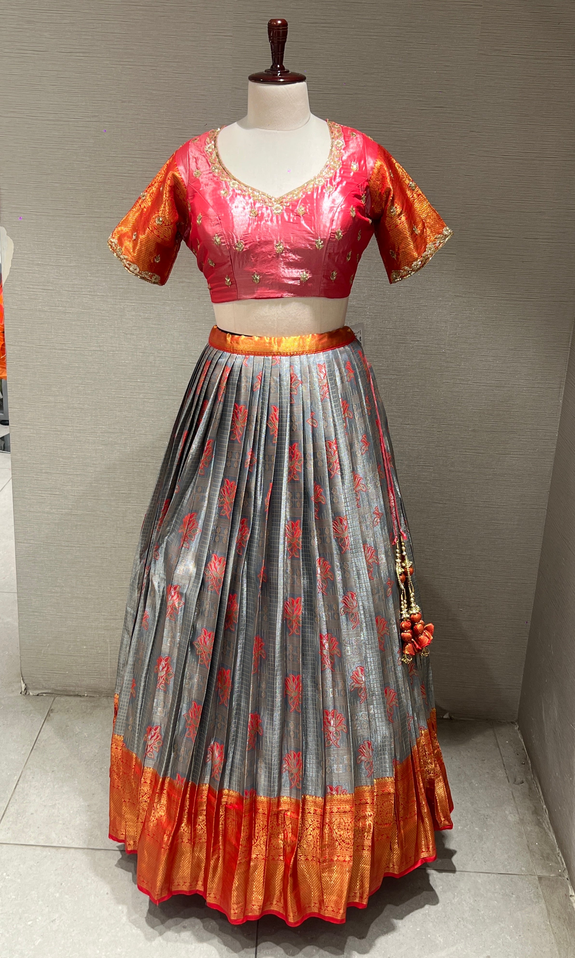 Rani pink AND Grey Floral lehenga