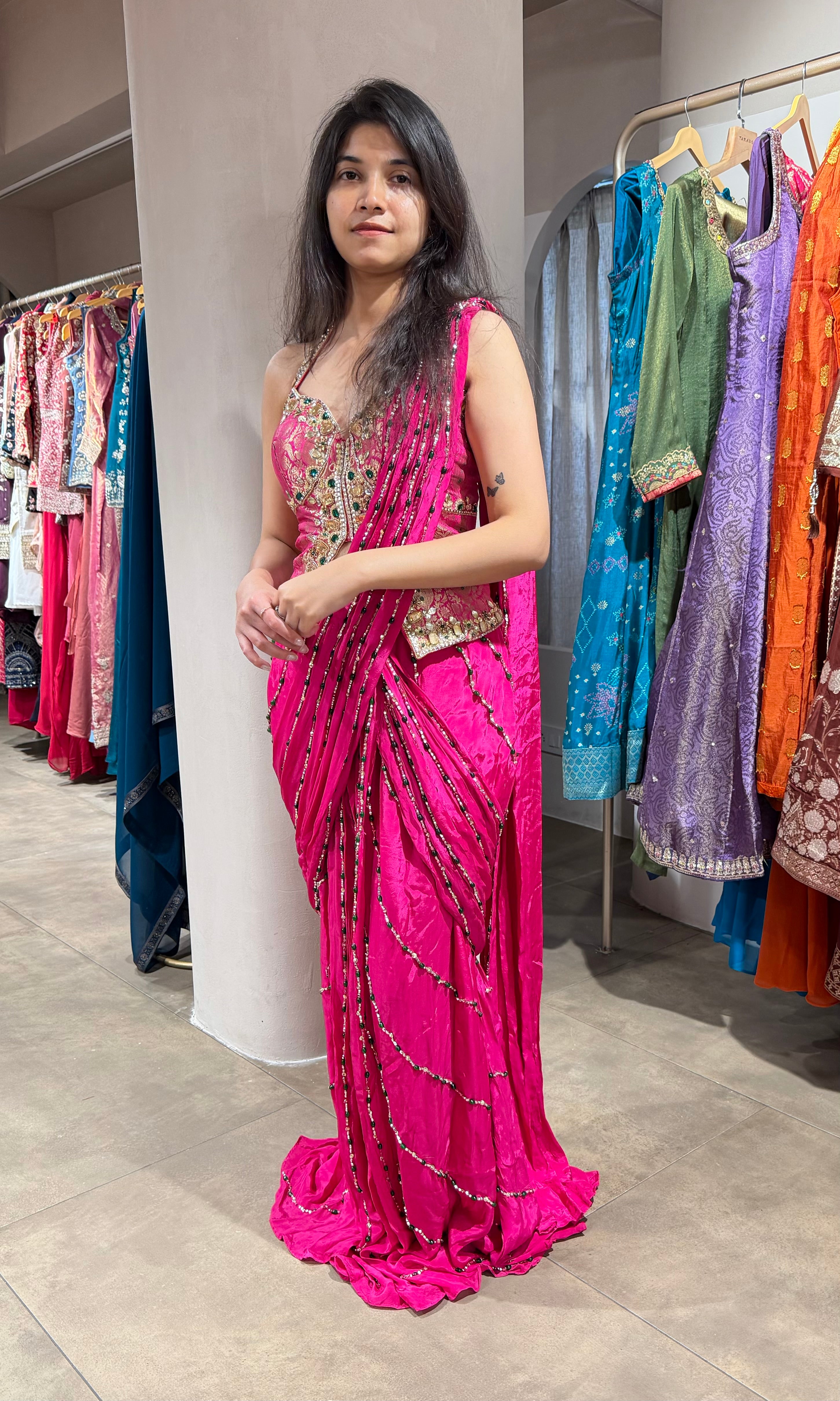 Pink DRAPE SAREE WITH ELEGANT CORSET BLOUSE