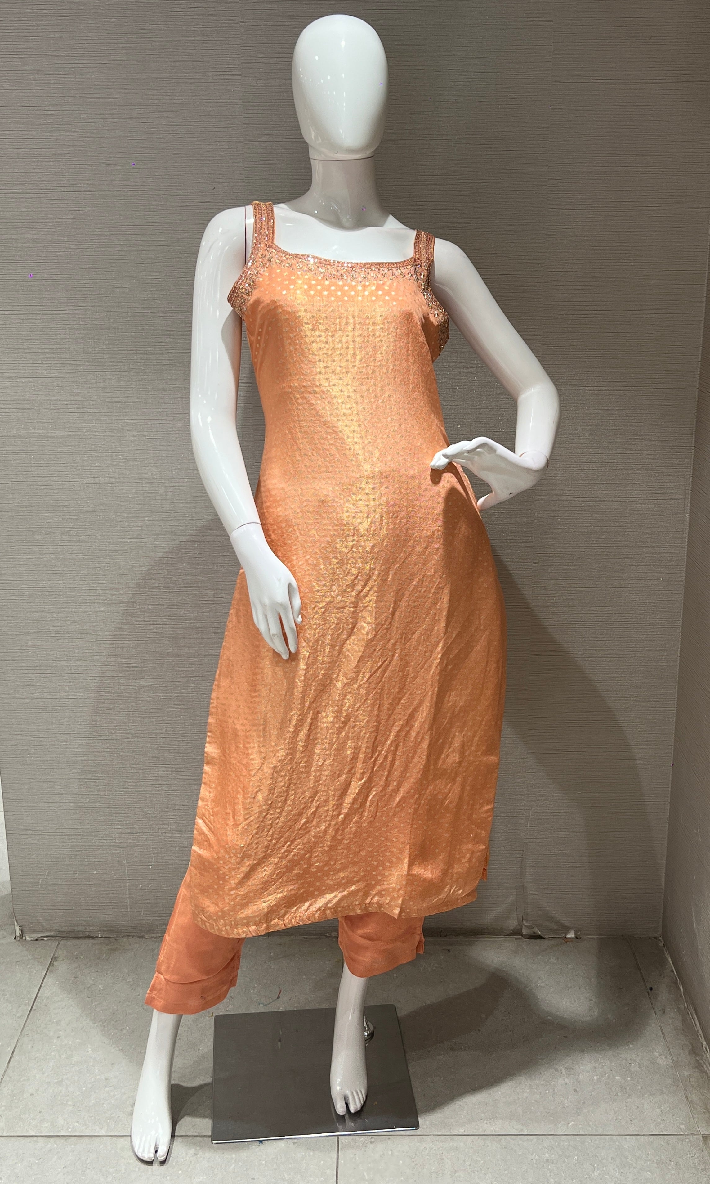 peach and gold Banarasi kurta set