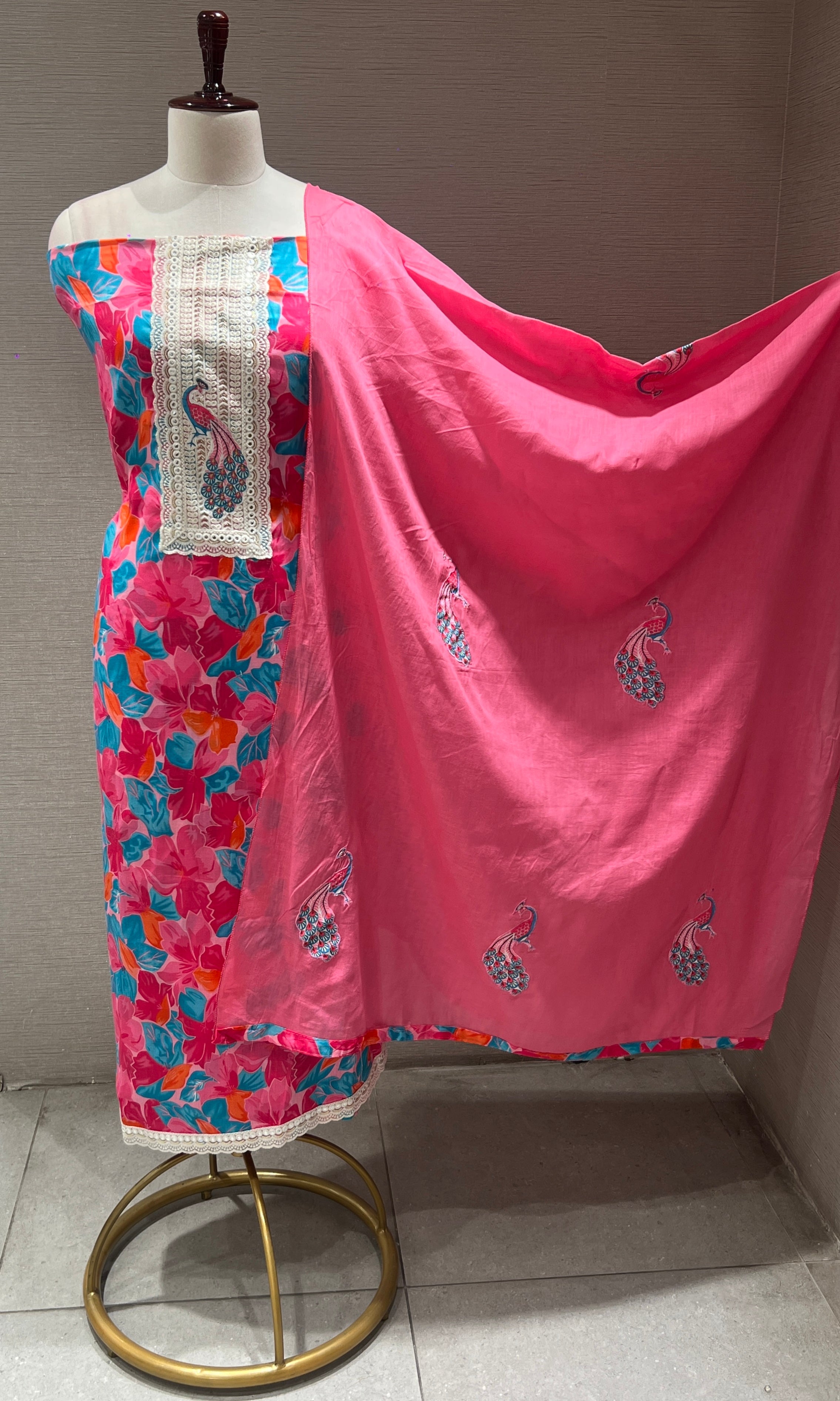 pink Floral dress material