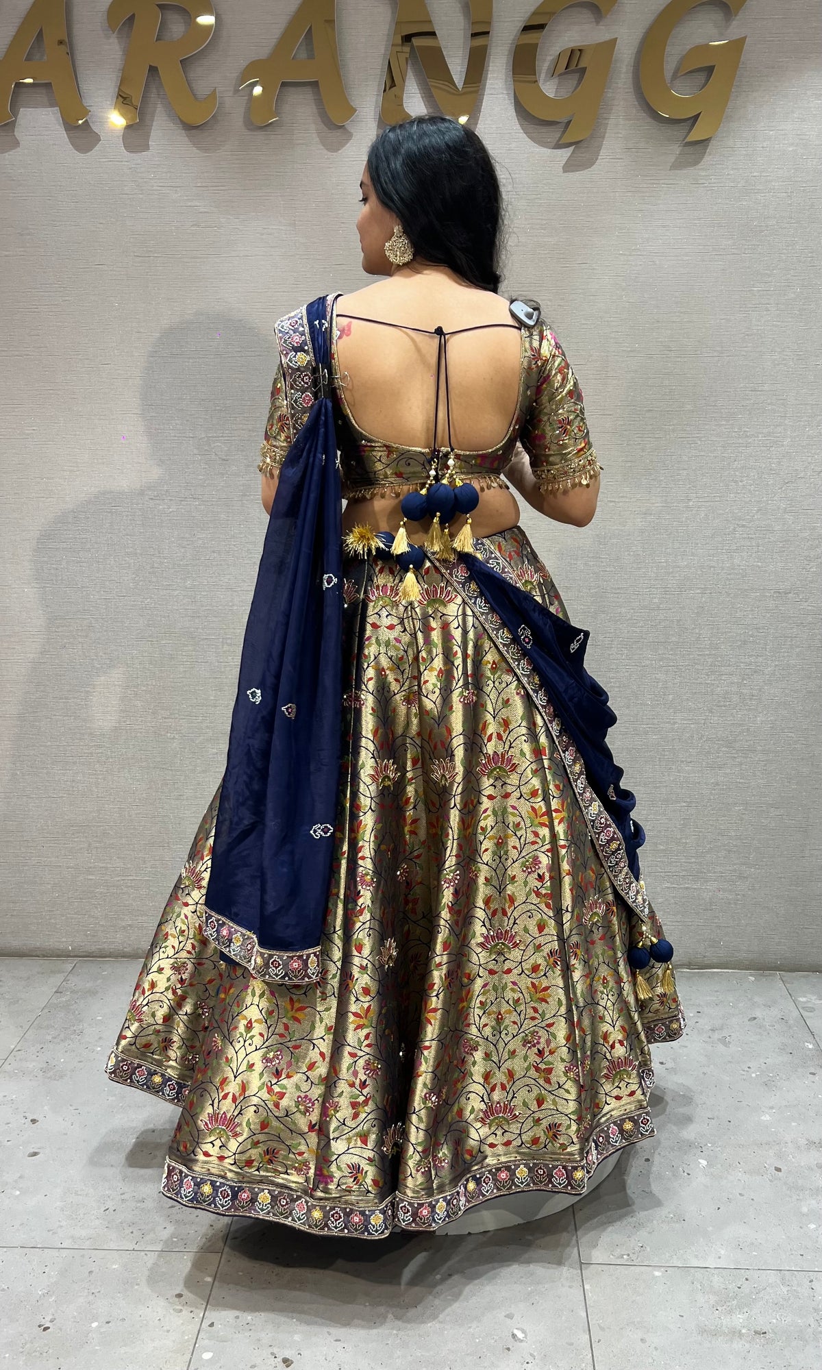 Golden Floral Banarasi Lehenga Set with Navy Blue Silk Dupatta