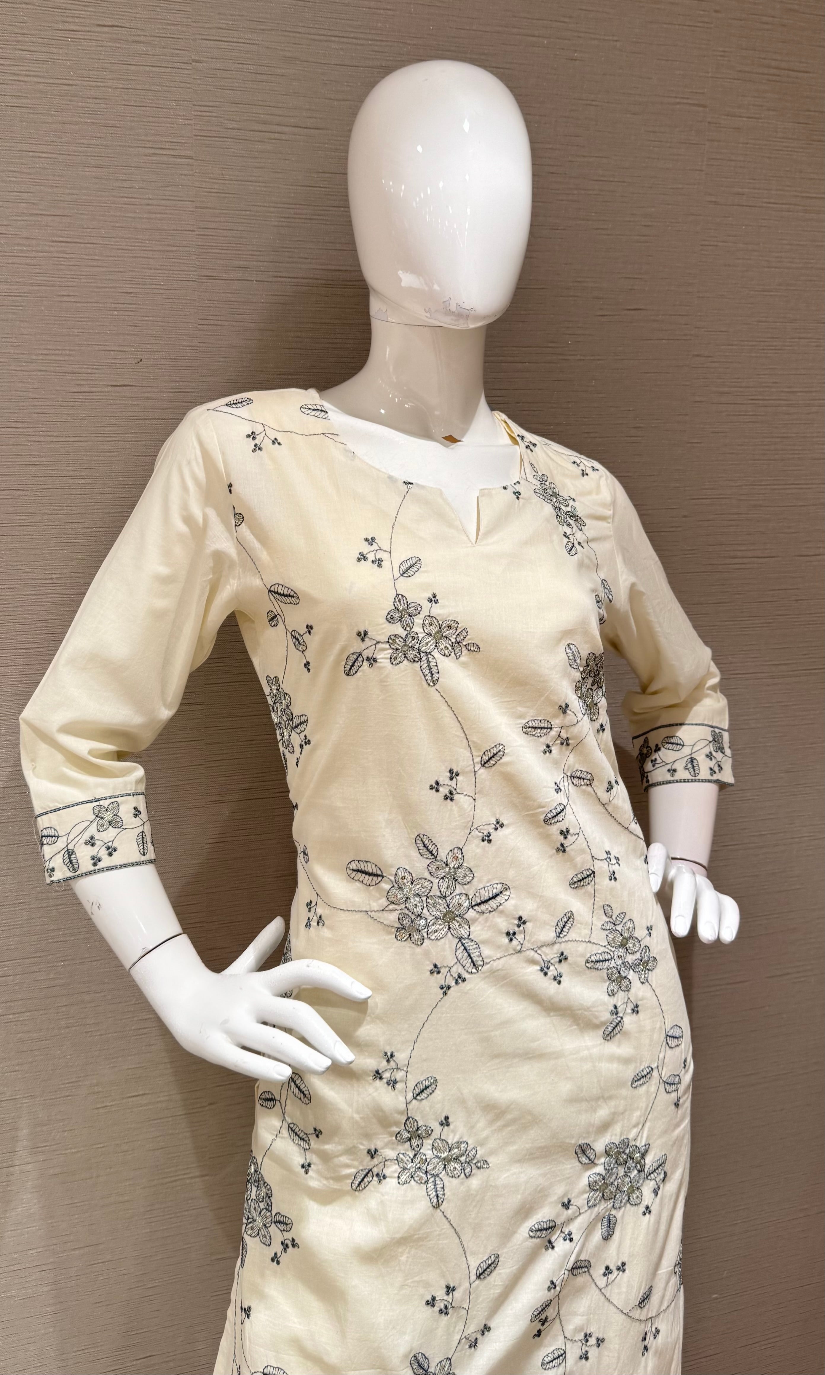 White Floral Embroidered Straight Kurta SET