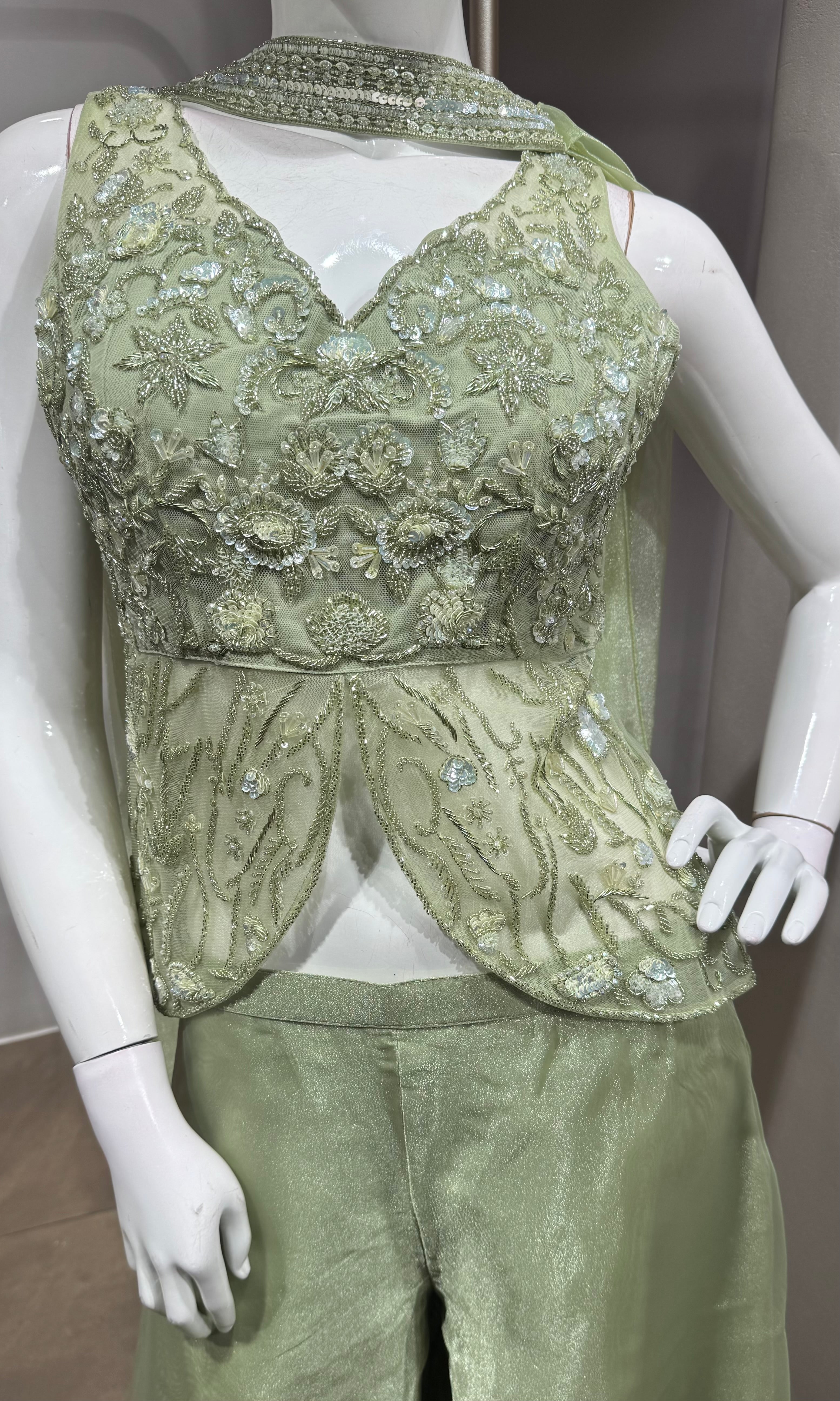 Pista Green Shimmer Organza Palazzo Suit
