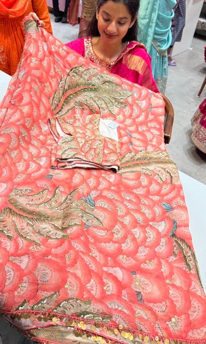 Peach floral print saree with ready blouse