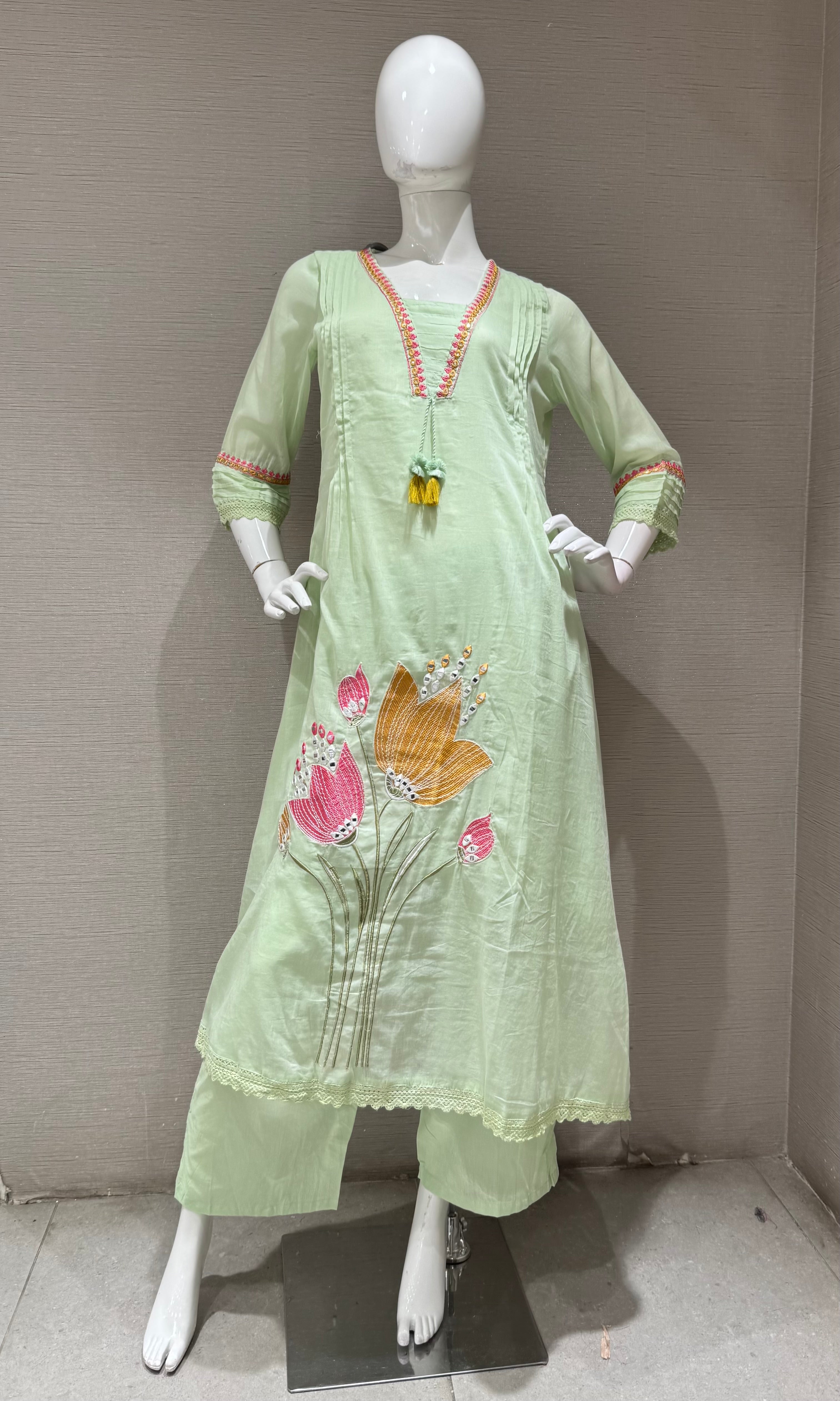 Pista Green Floral embroidered kurta set