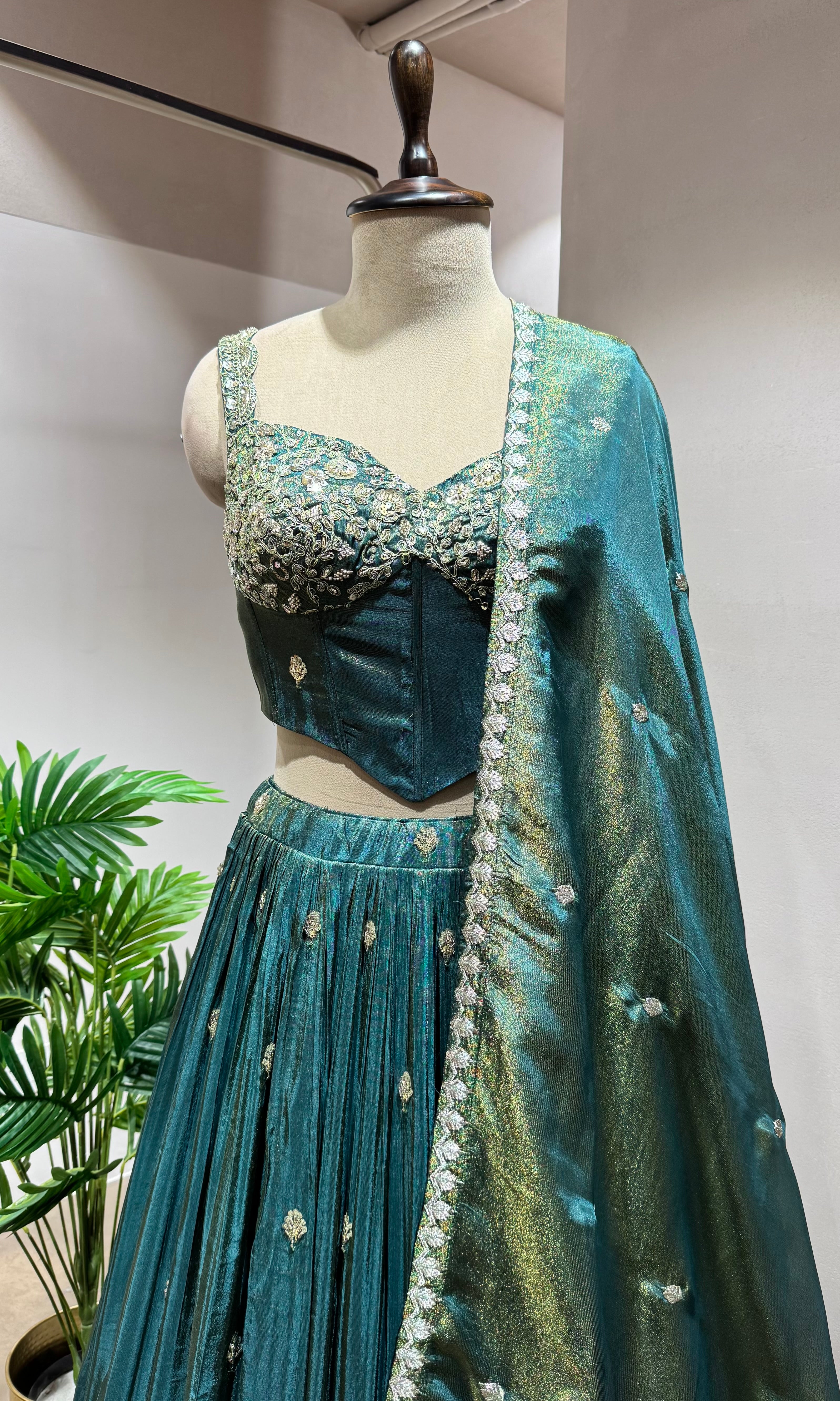 Green EMBROIDERED Lehenga with Embellished Corset Blouse