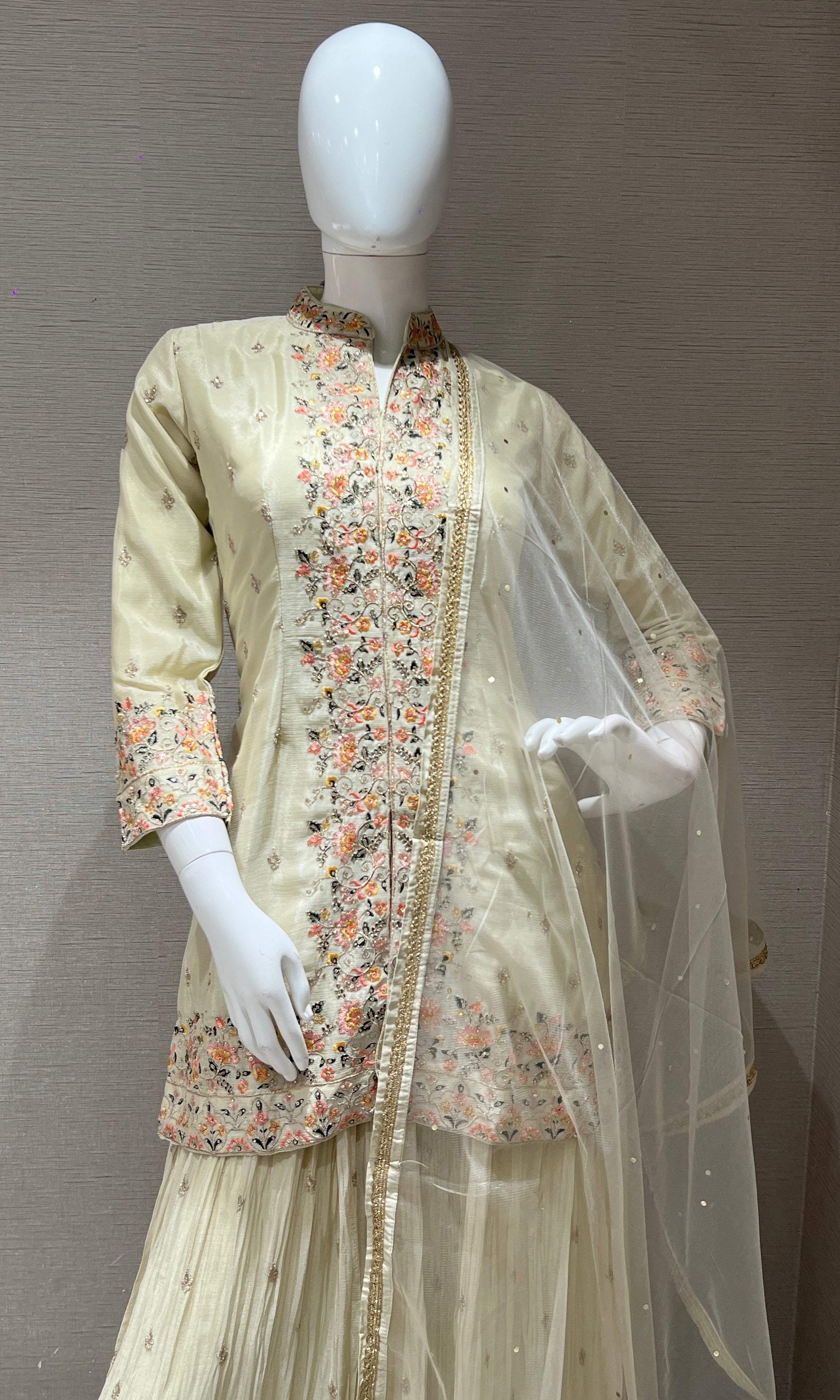 Floral Embroidered Cream Sharara