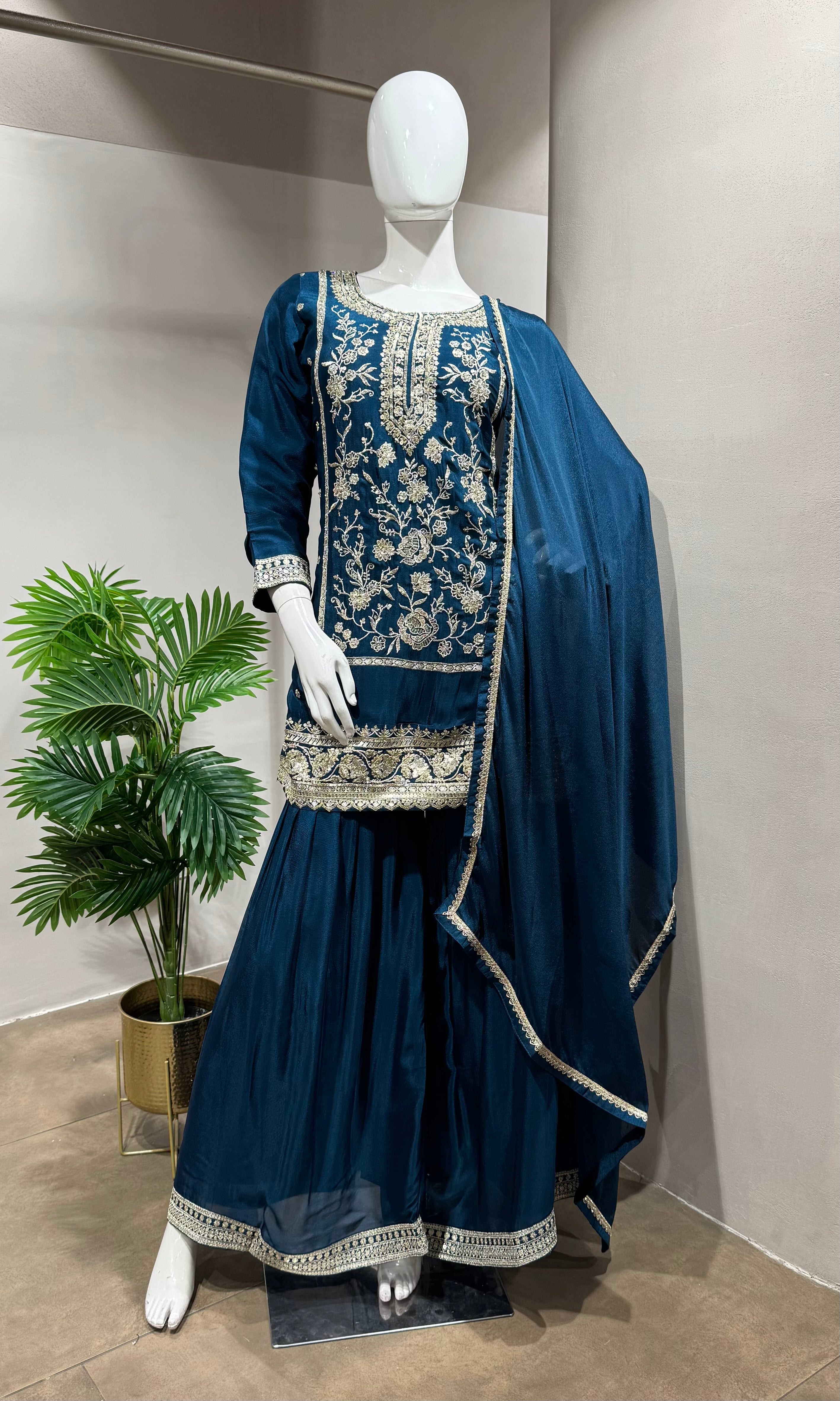 Blue Embroidered Sharara Set