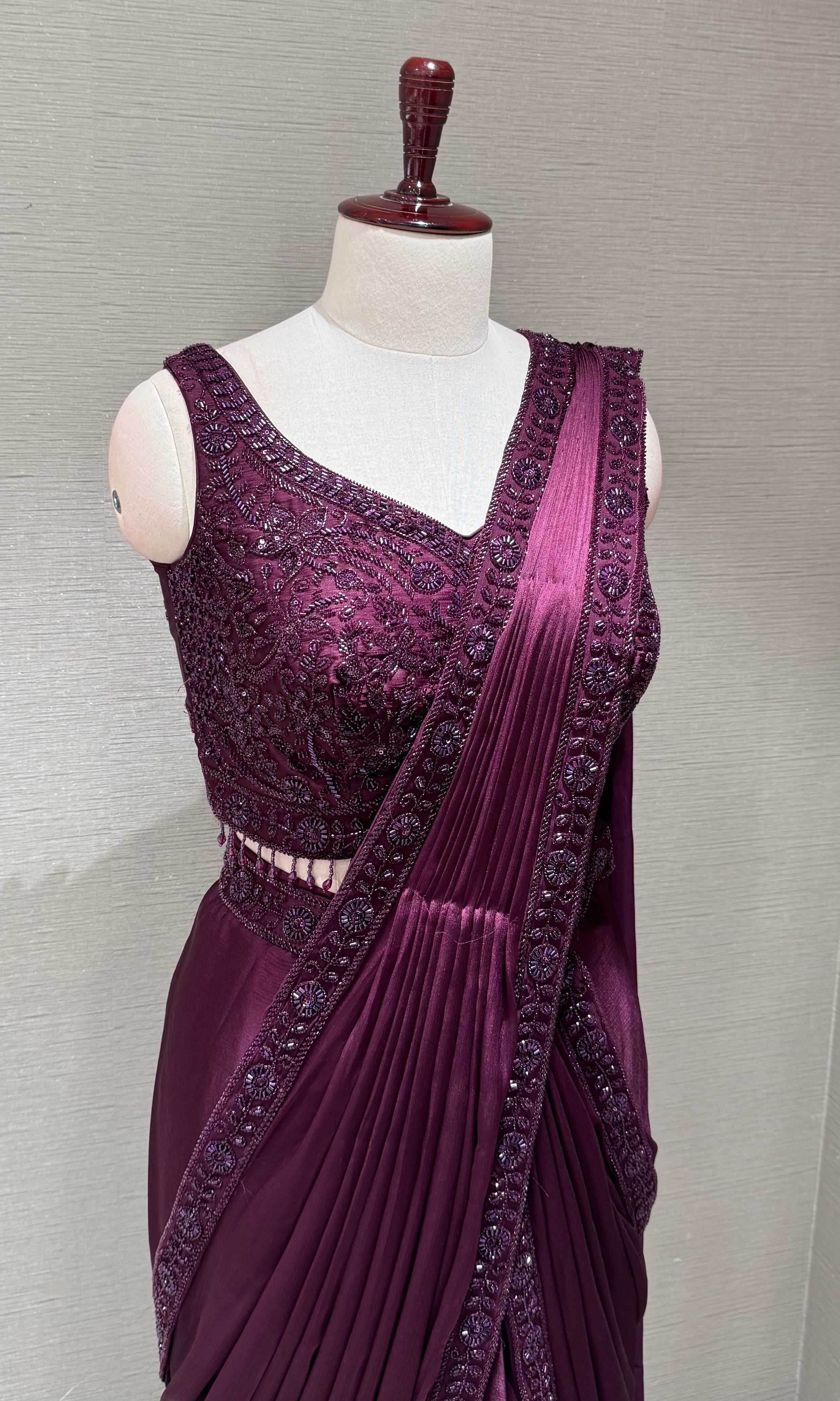 Royal Wine Embellished Drapee Saree with blouse