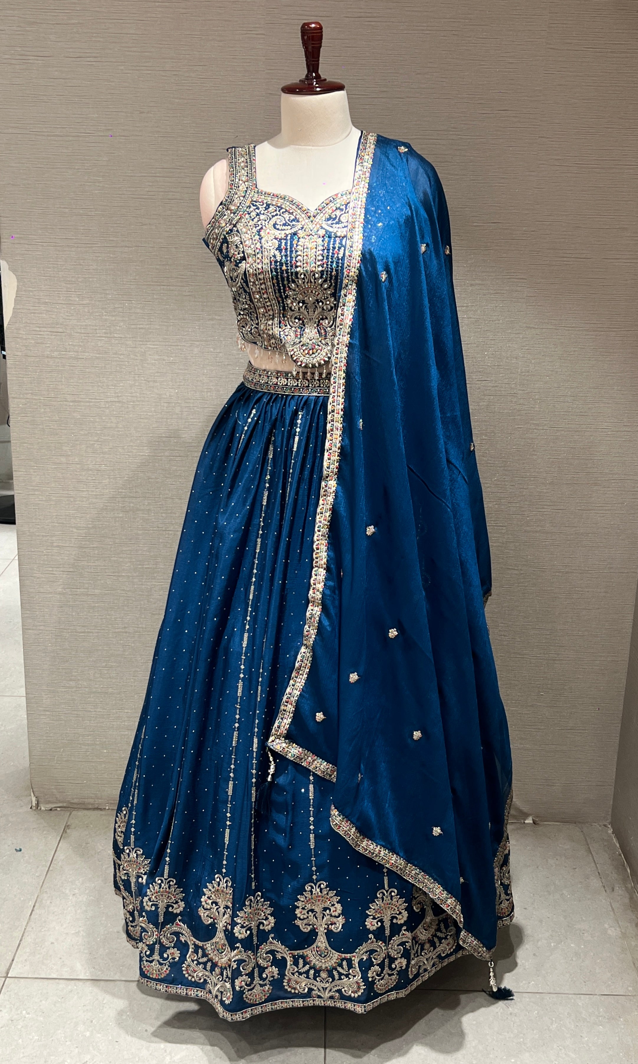 blue embroidered lehenga with dupatta