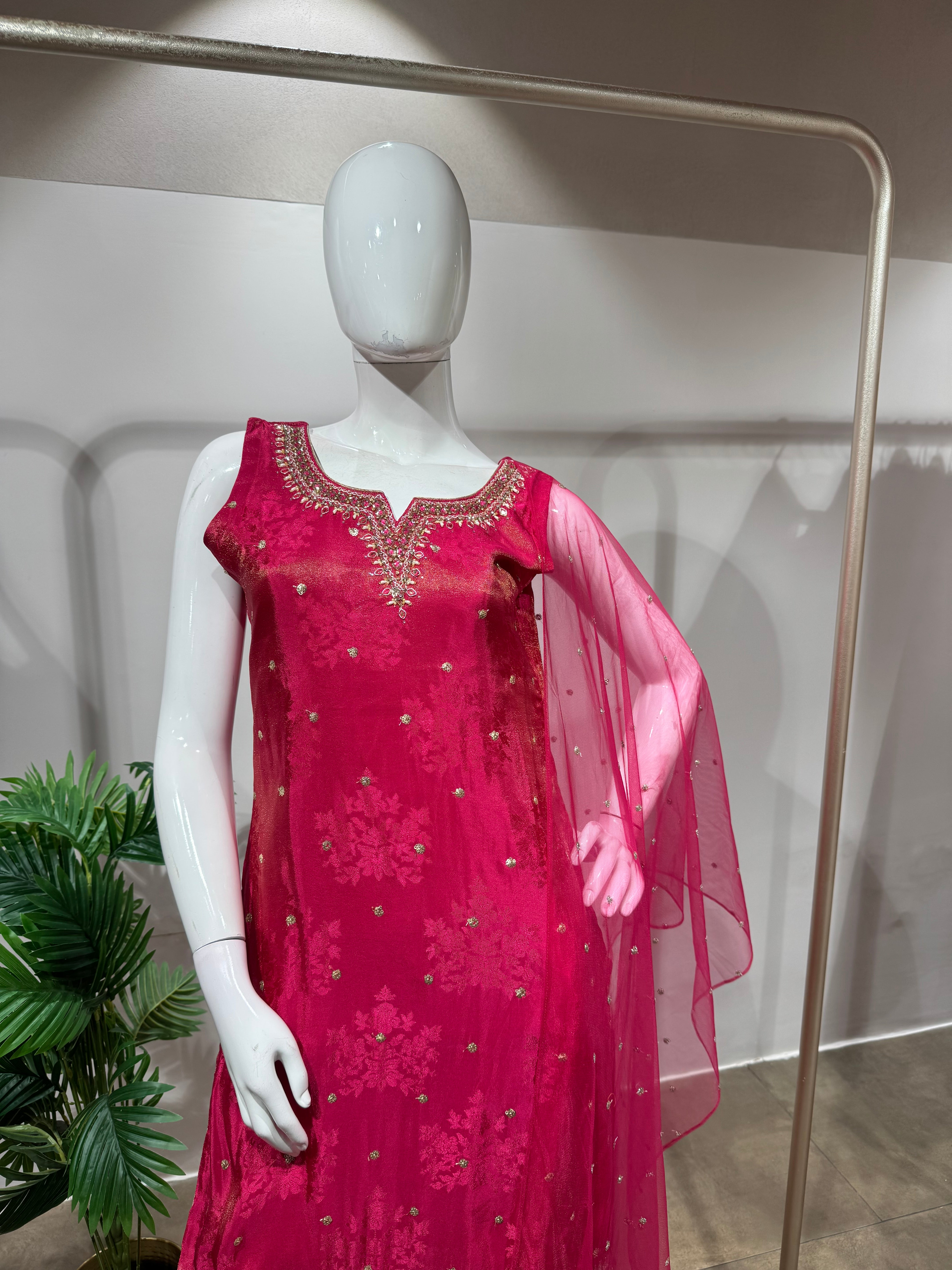 rani and gold embroidered kurta set