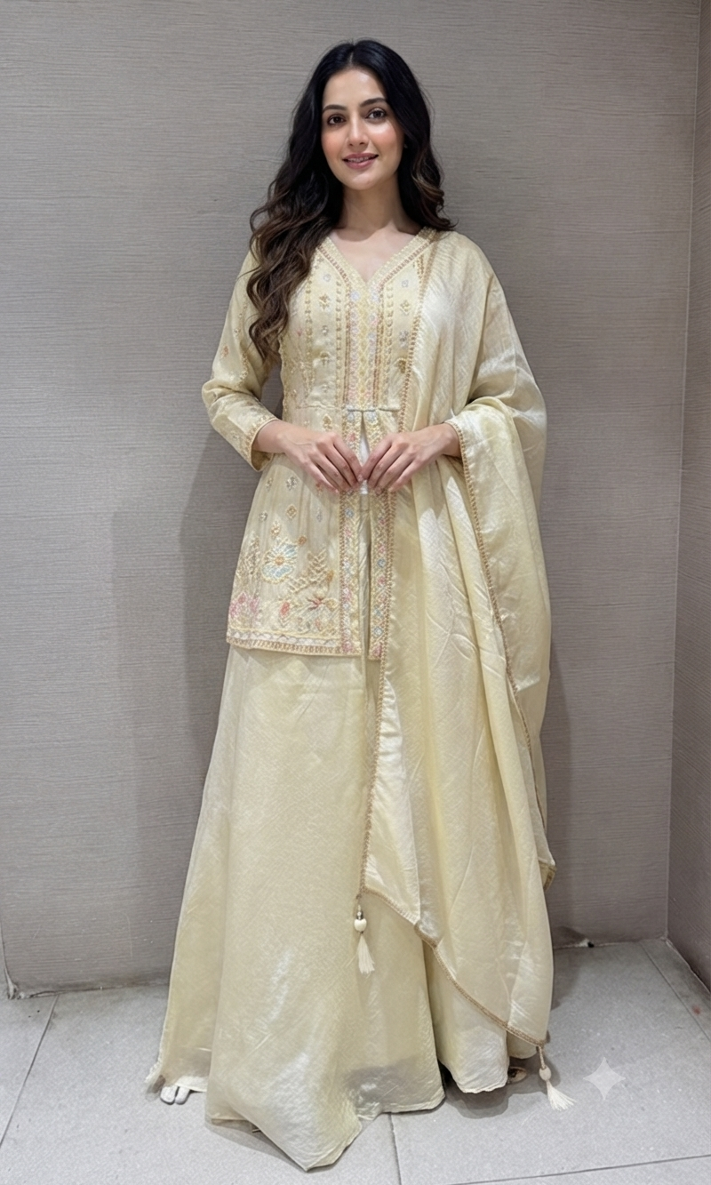 Cream Embroidered Tissue Peplum Palazzo set