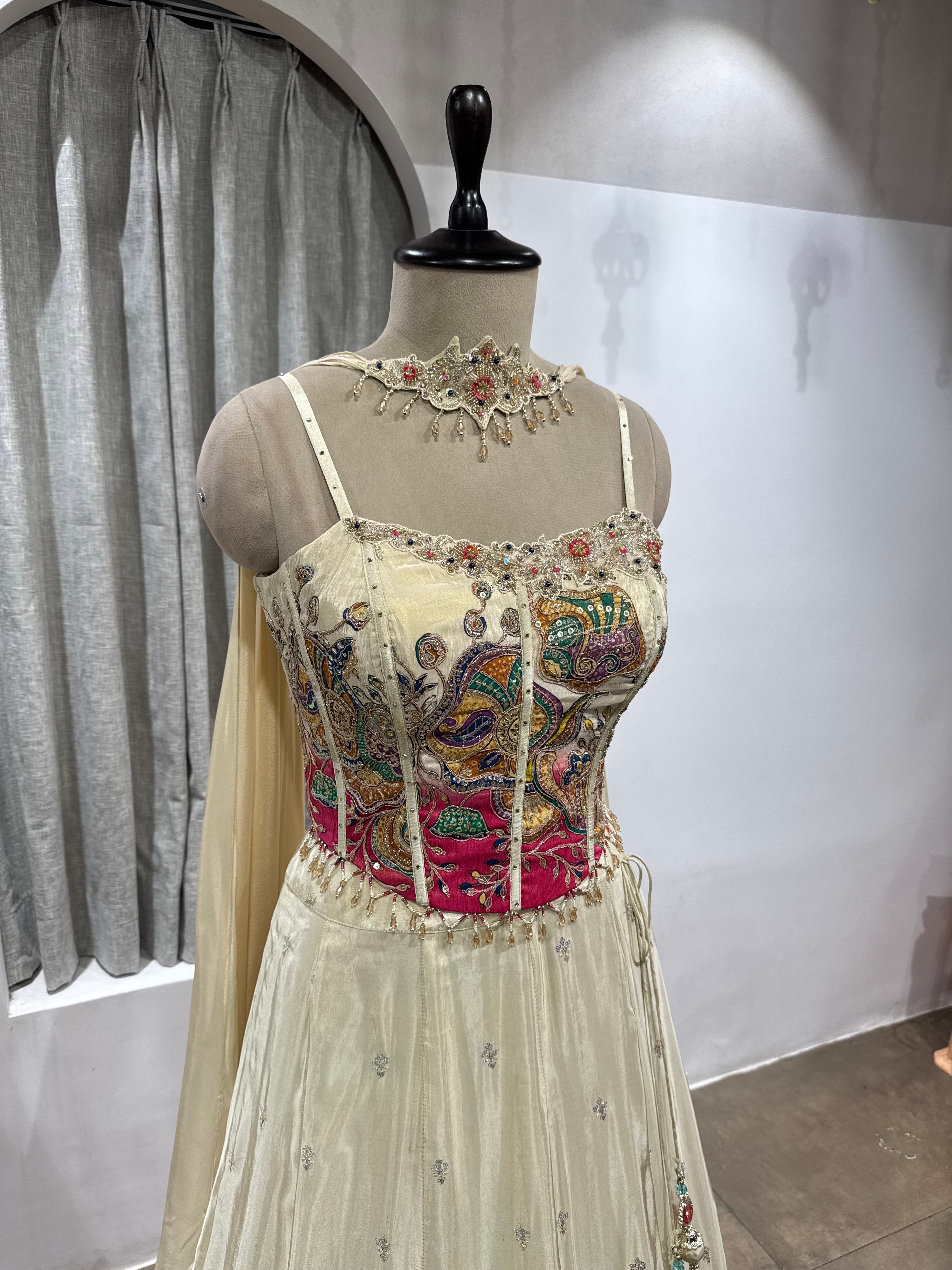 White and Pink corset Floral Multicolored Lehenga