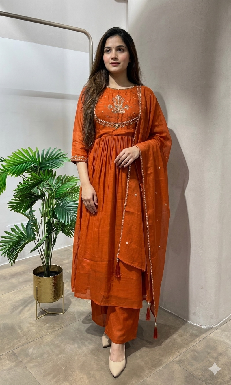 RUST PEACOCK EMBROIDERY MUL CHANDERI KURTA SET