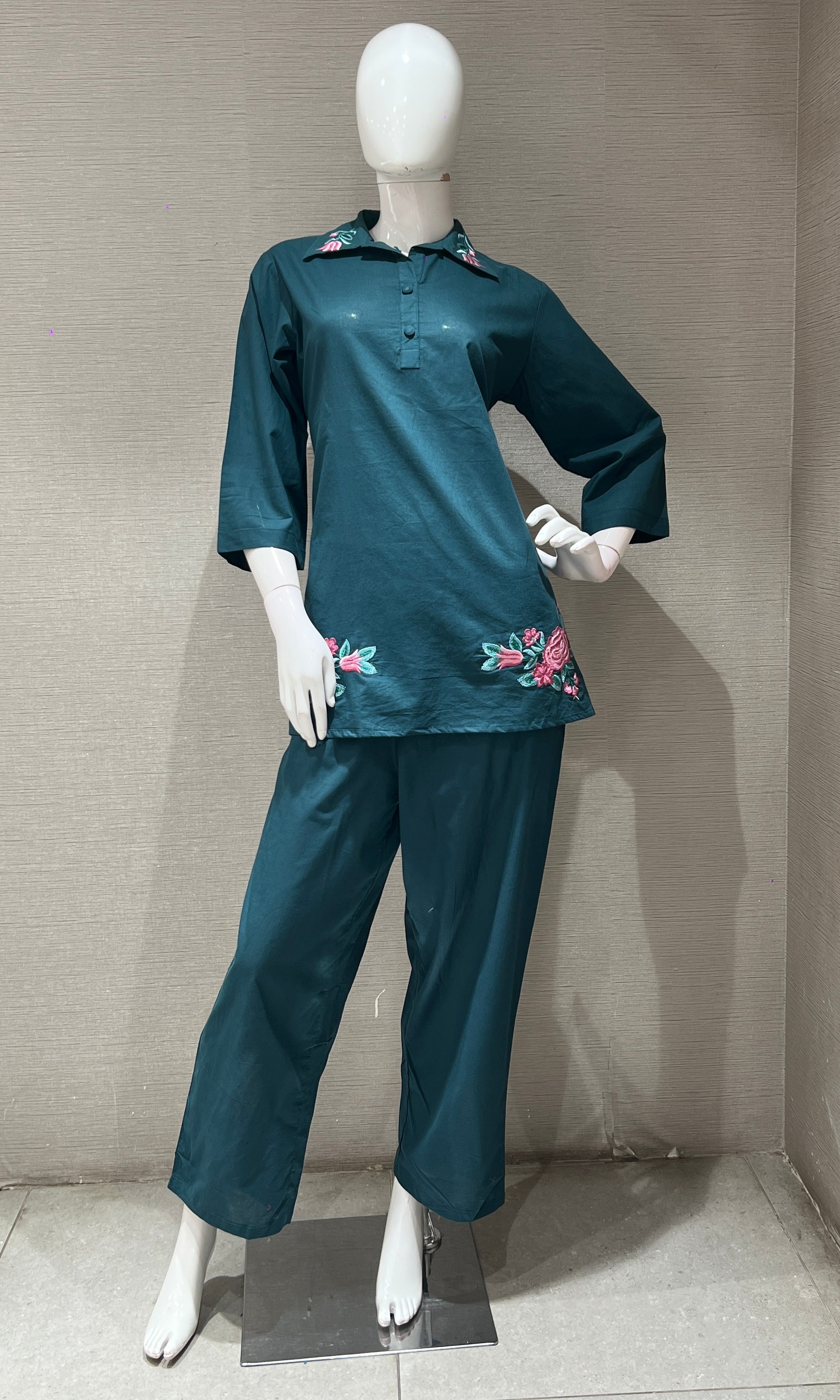 Green FLORAL EMBROIDERED CORD SET