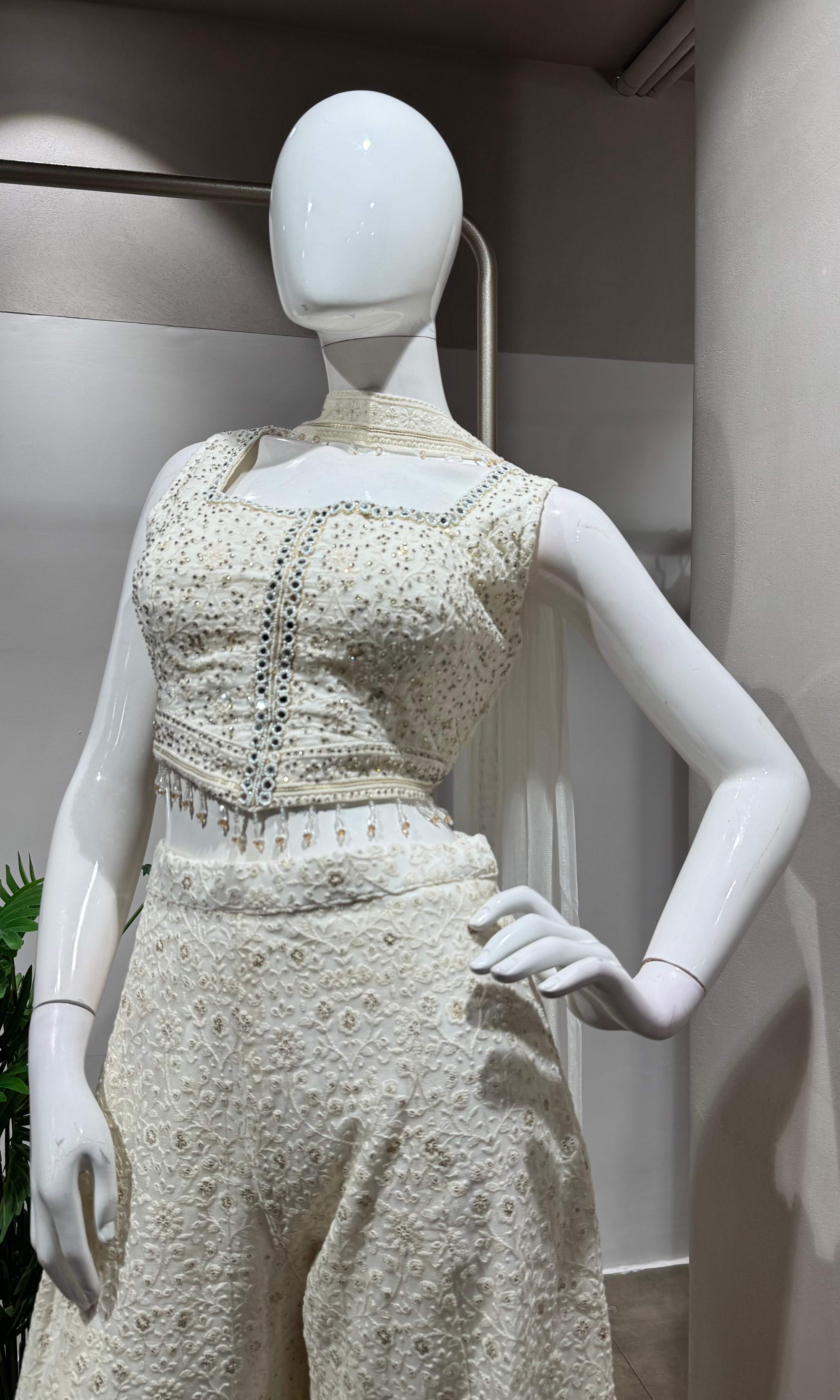 White EMBELLISHED Crop Top WITH Palazzo Set
