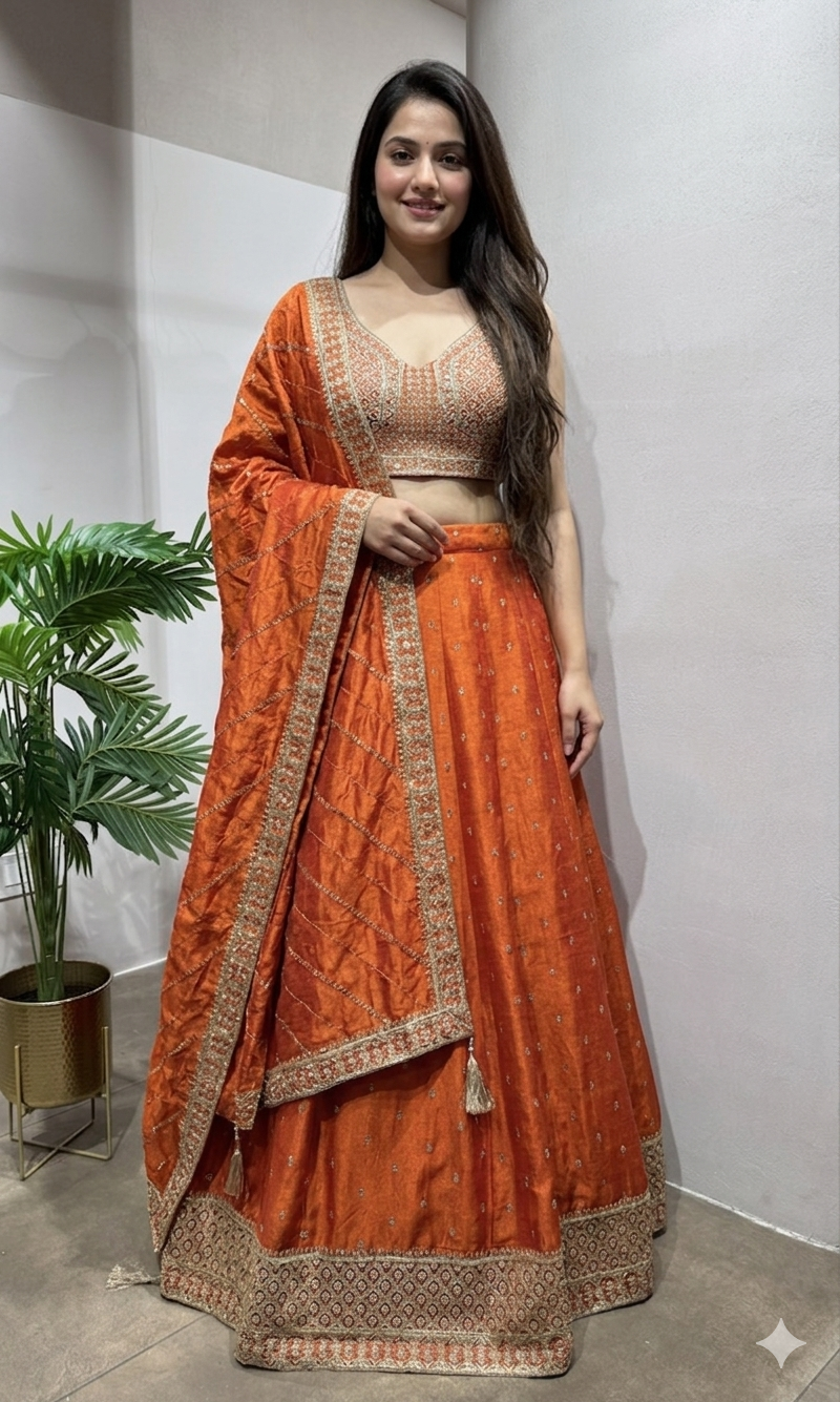 orange embroidered silk lehenga choli set
