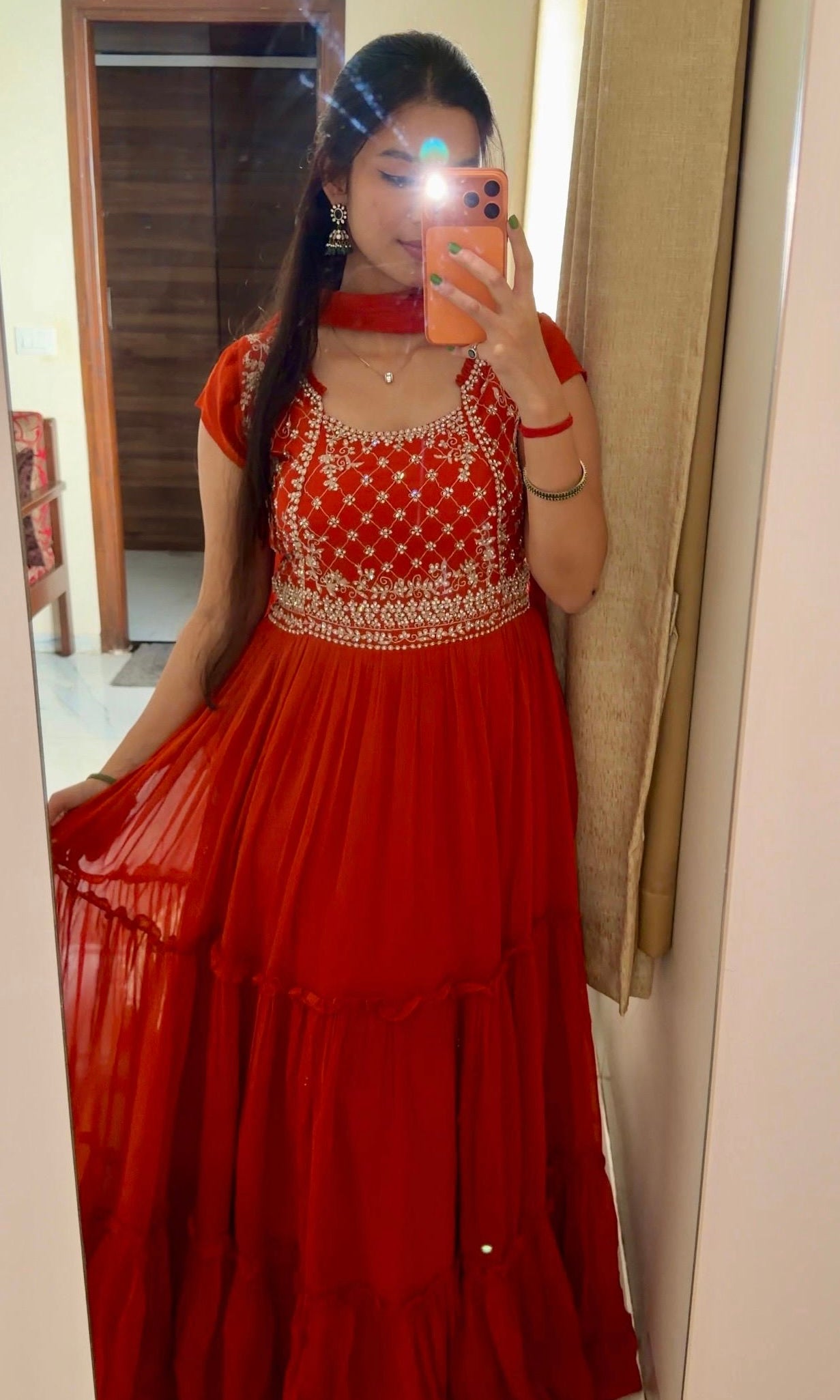 Orange RUFFLE ANARKALI LONG dress