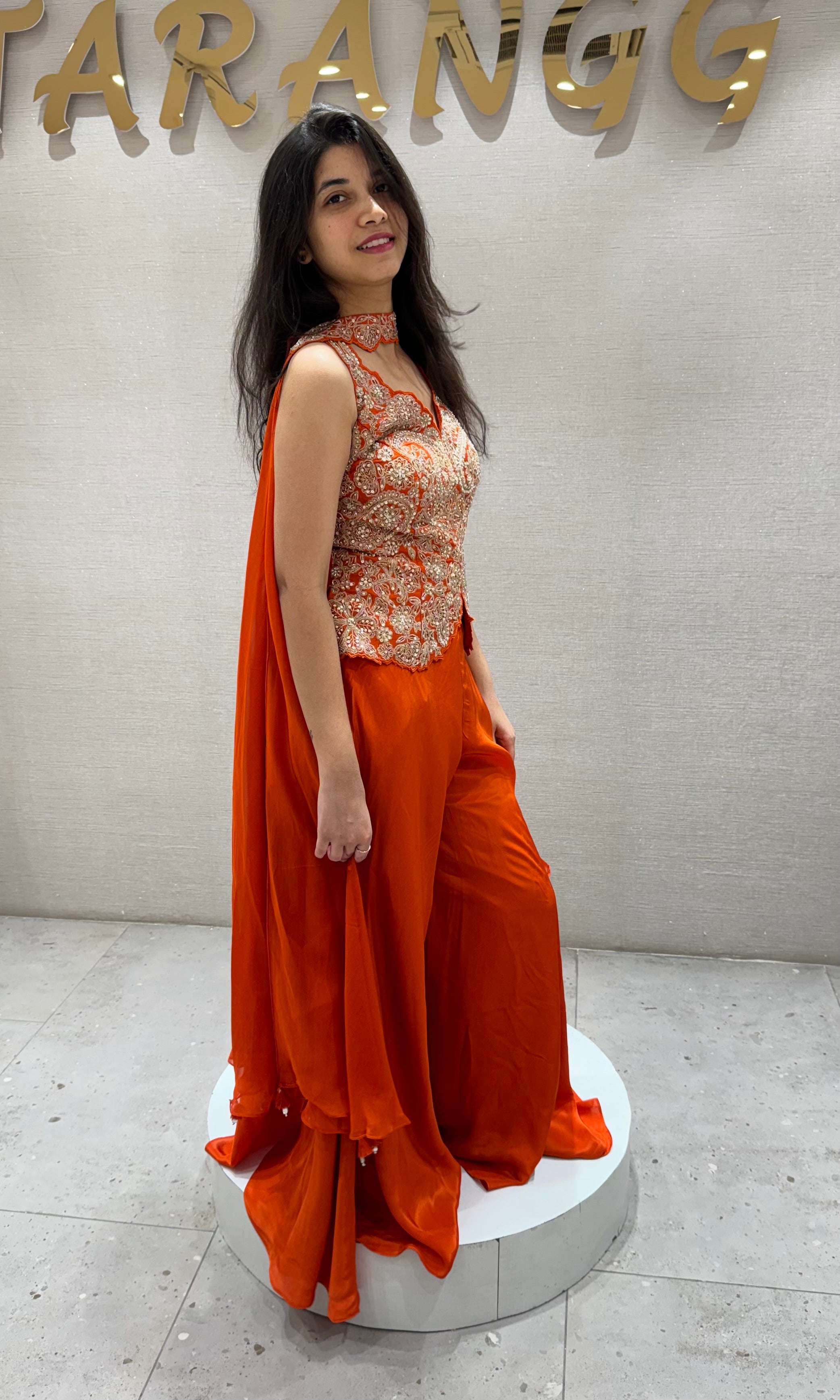 Orange EMBROIDERED PEPLUM PALAZZO SET