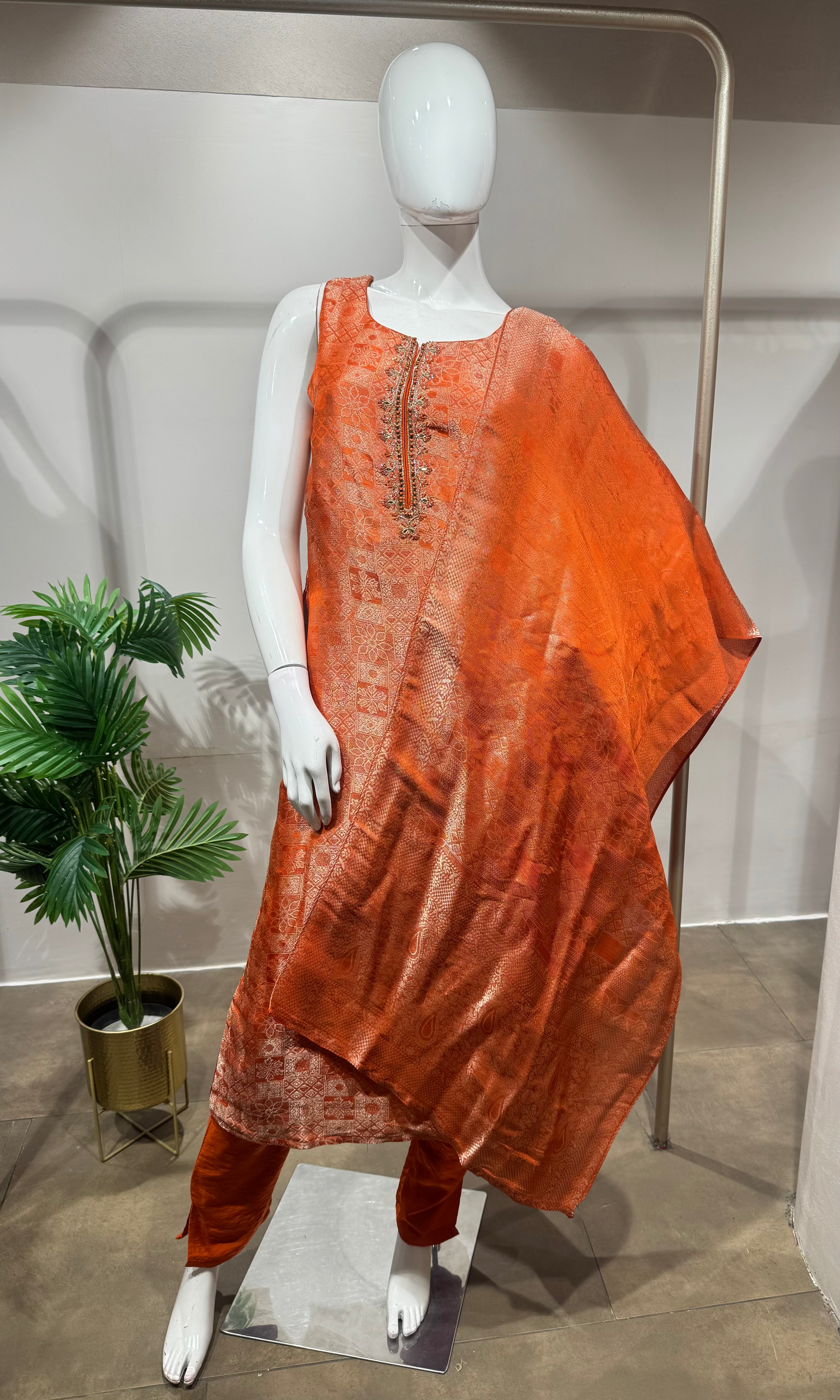Orange banarasi silk kurta set