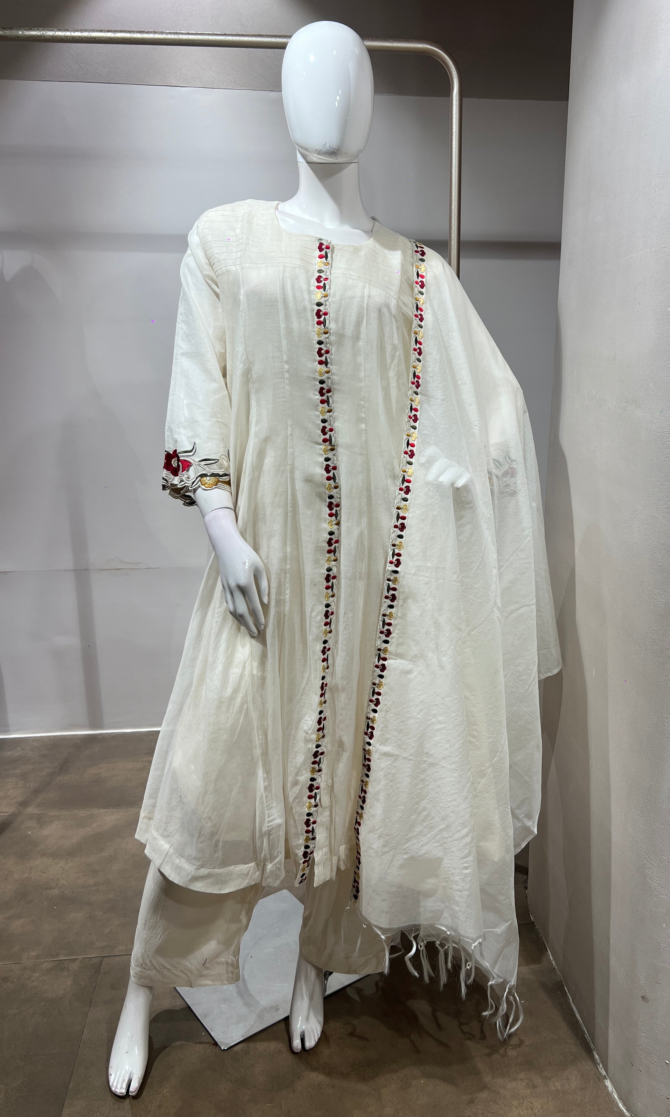 White Cotton Blend Flared Kurta set with Intricate Border