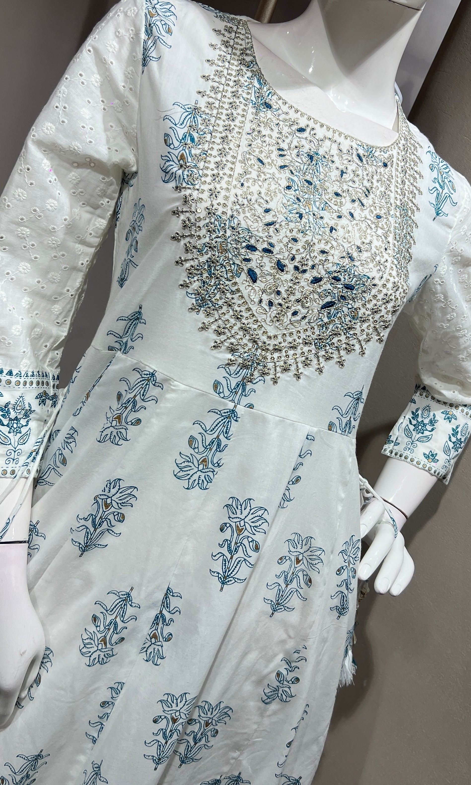 White and Sky Blue Floral Printed Anarkali Set