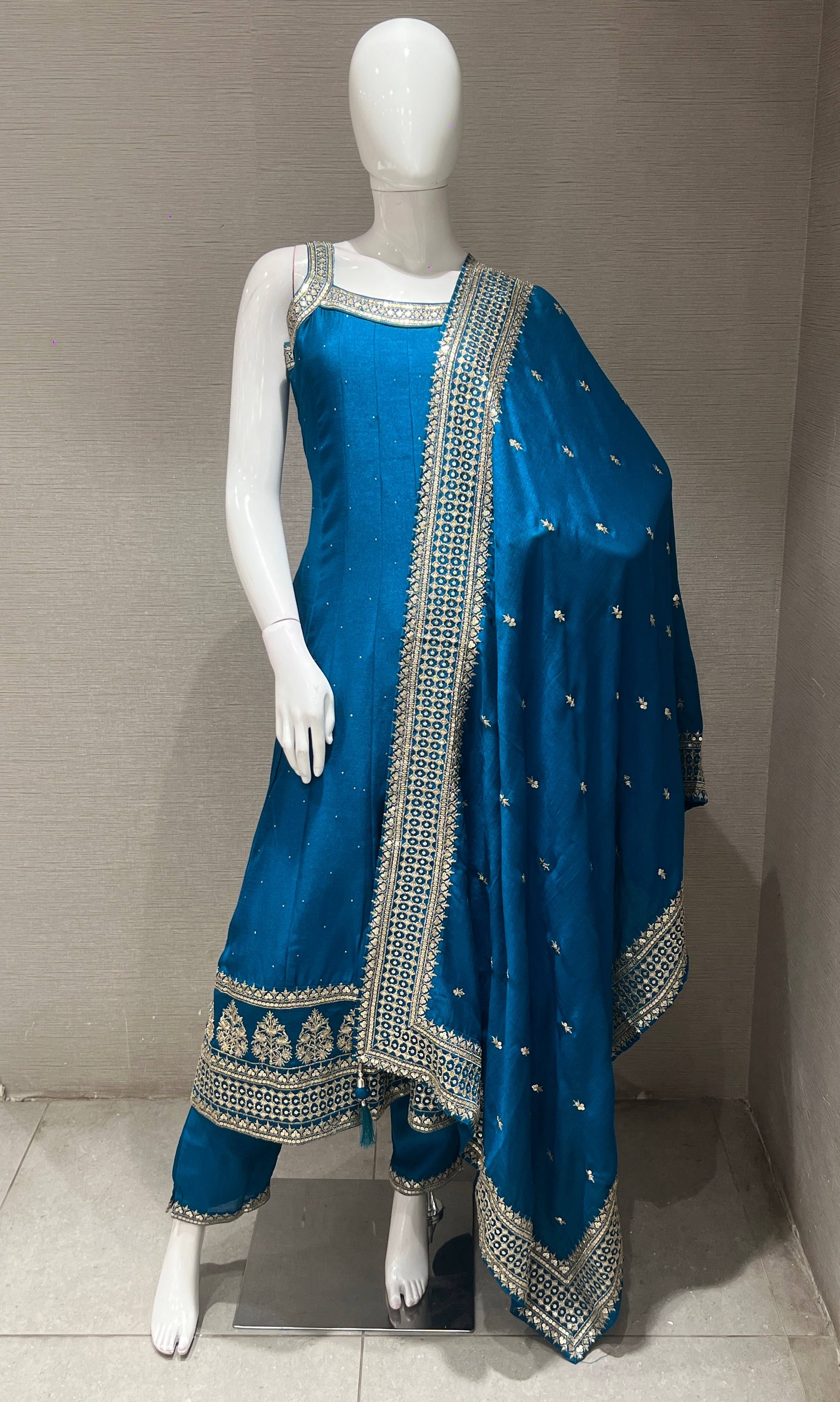 Blue anarkali set with gold embroidery