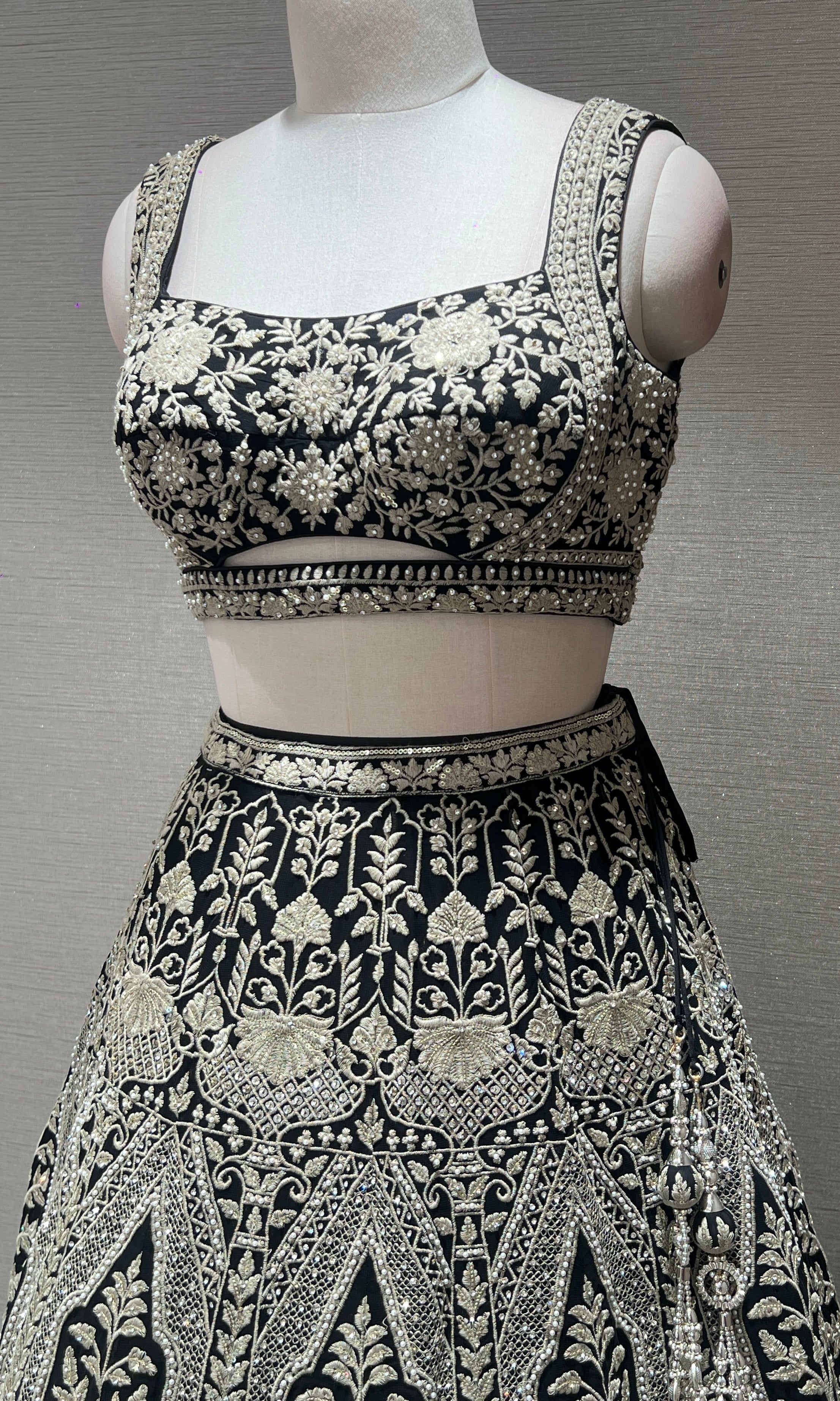 Black lehenga with intricate embroidered