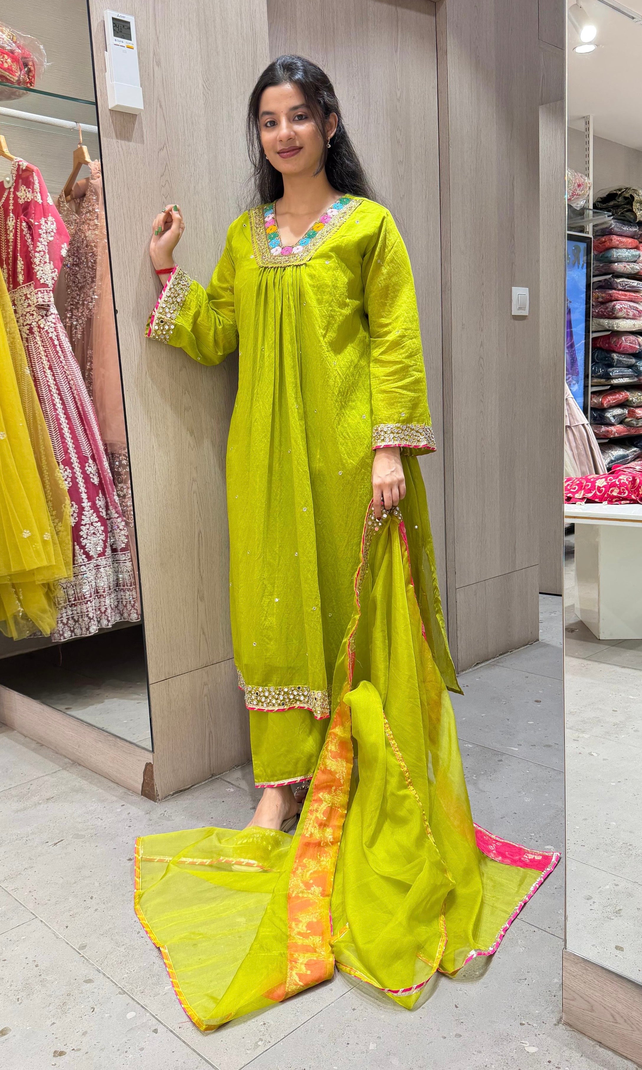 GREEN FLORAL NECK A LINE kurta set